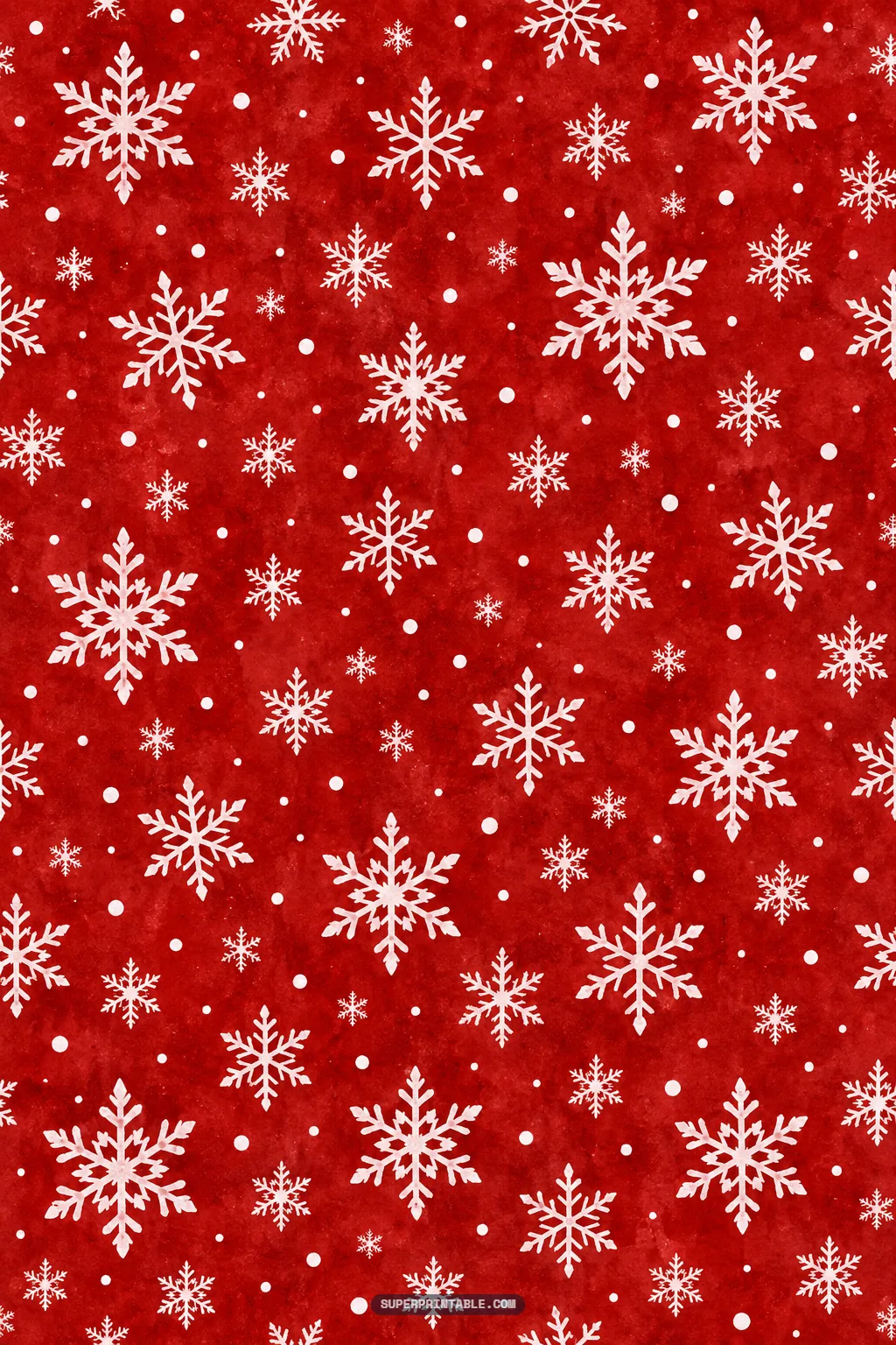 Intricate white crystalline snowflakes and falling snow dots over a textured deep crimson watercolor wash