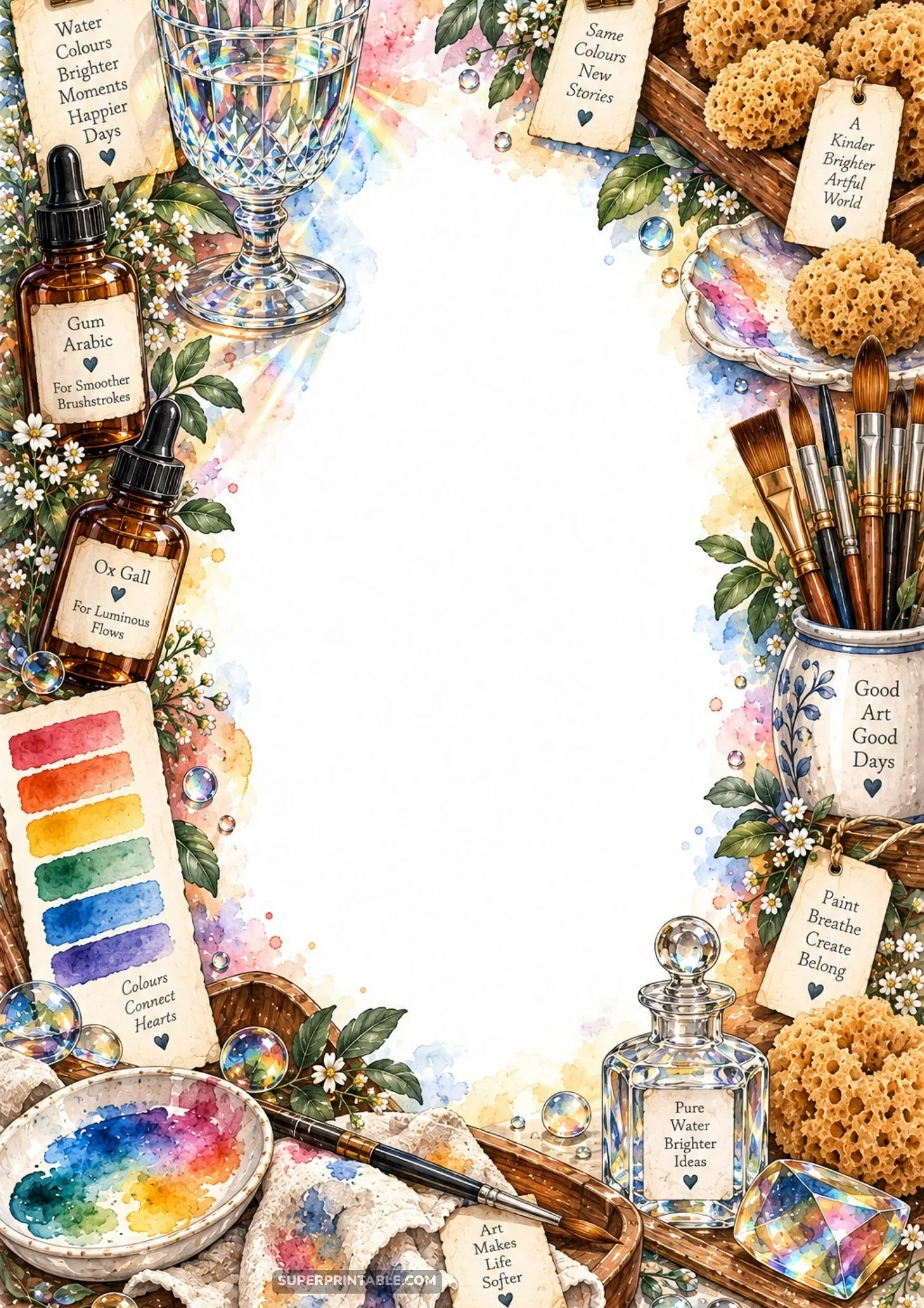 Cut crystal glass prism, glass dropper medium bottles, rainbow swatch strip, and natural sponges border.