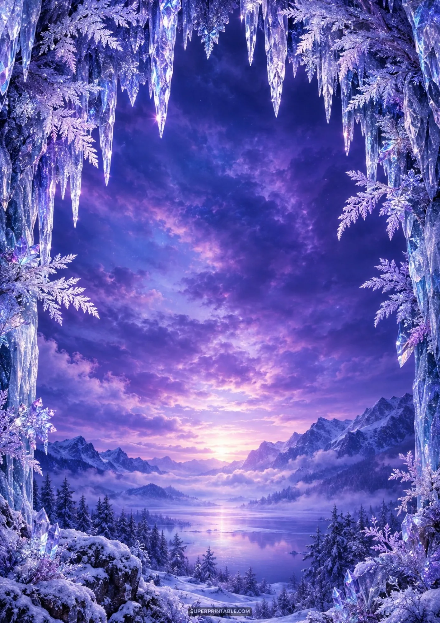Translucent crystal icicles framing a tranquil alpine lake and snowcapped mountains at purple sunset