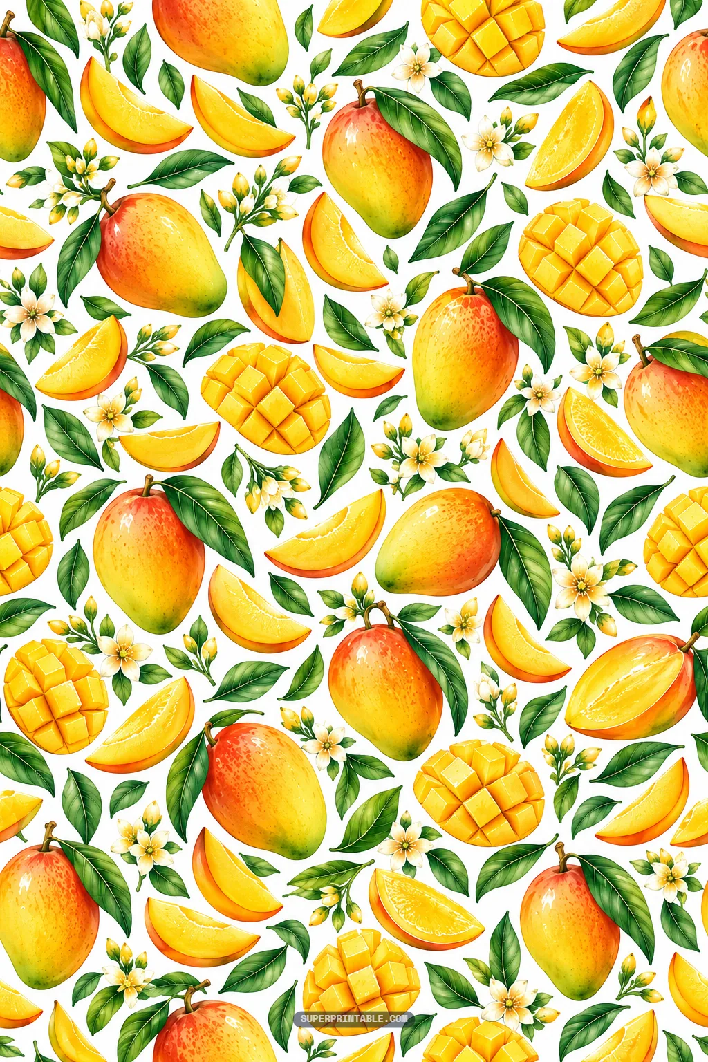 Watercolor scatter pattern with diced hedgehog mangoes, juicy slices, and white orchard flowers.