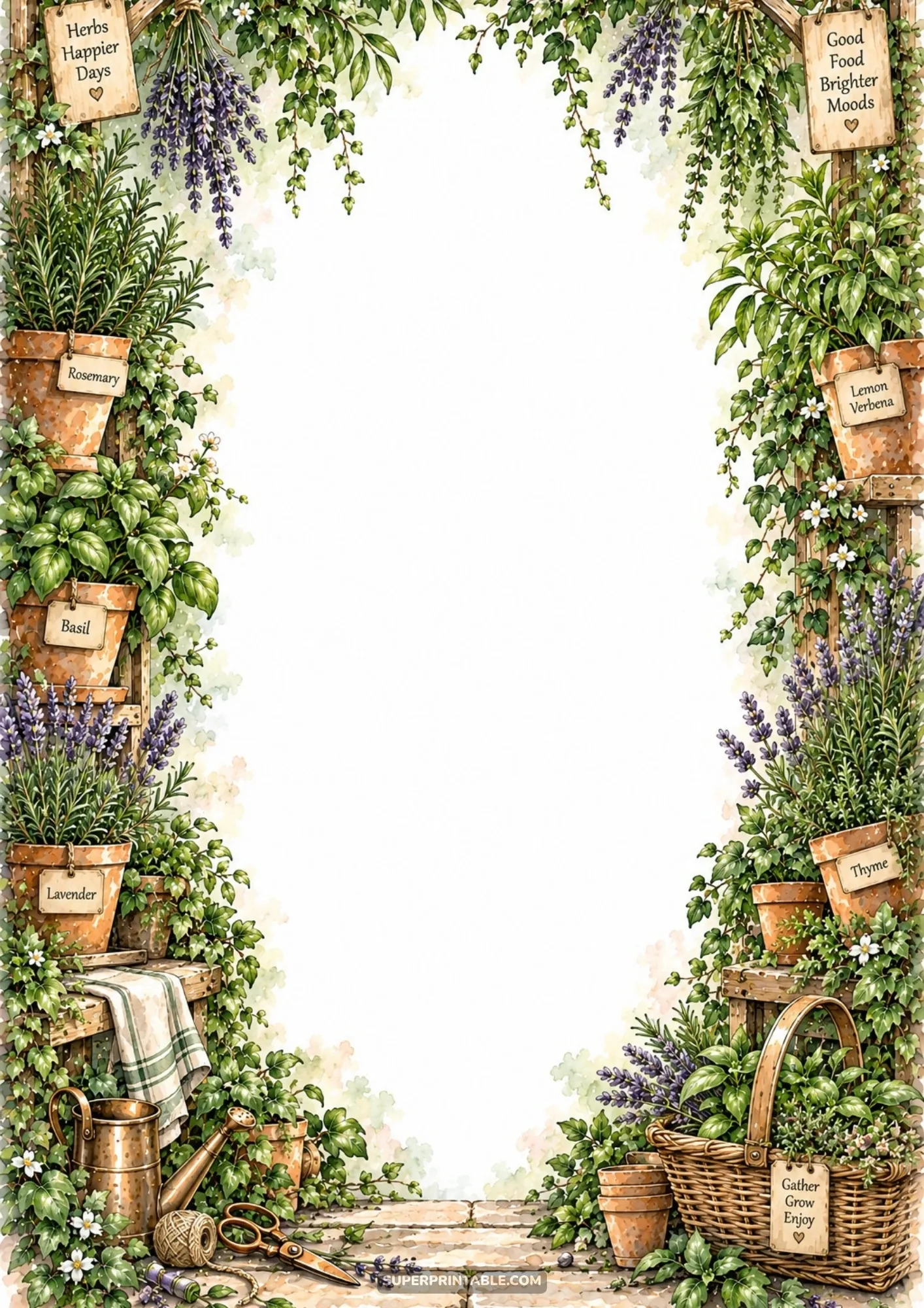 Labeled terracotta herb pots and a woven harvest basket in a rustic garden setting