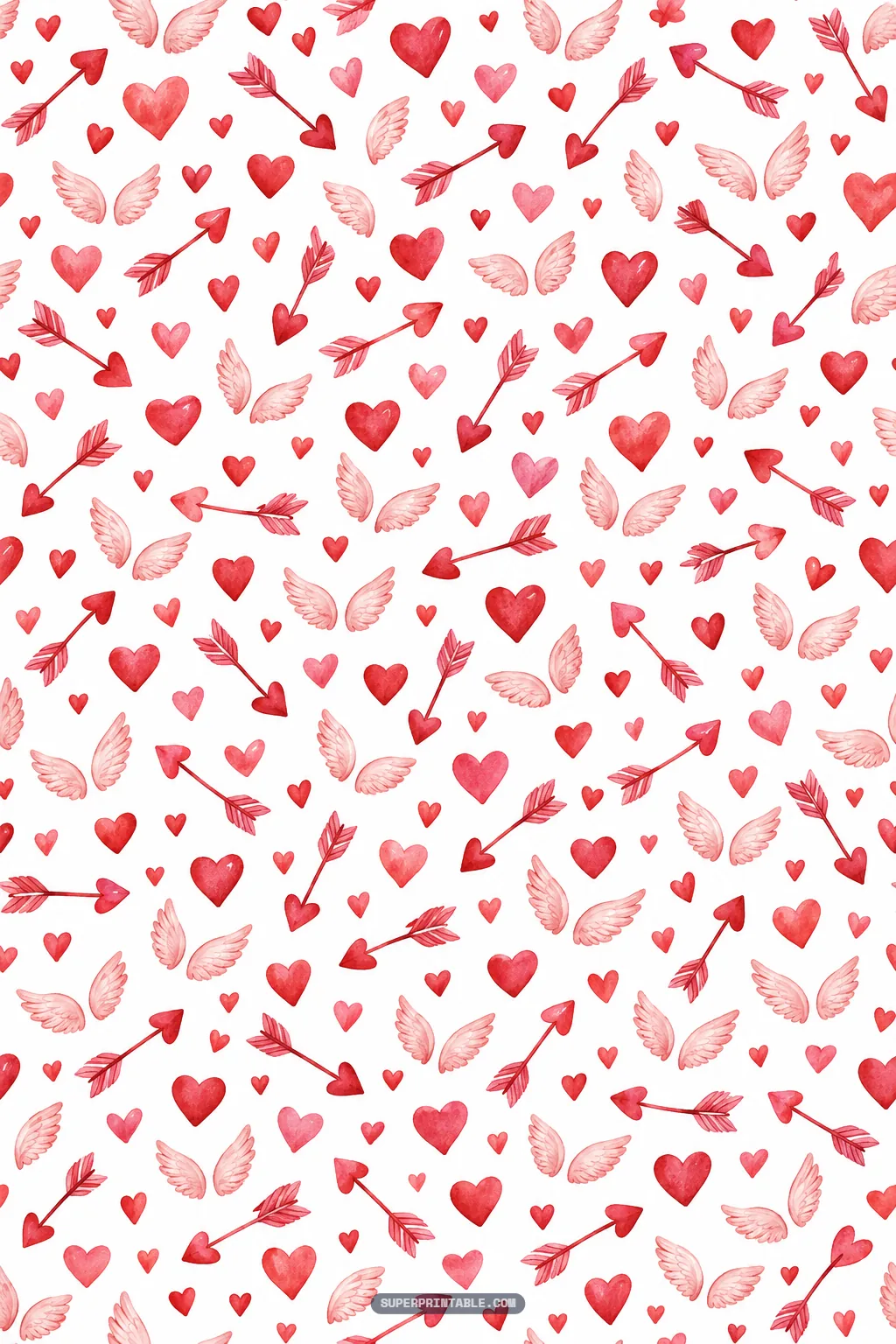 Romantic pattern of feathered angel wings, flying Cupid arrows, and watercolor red hearts