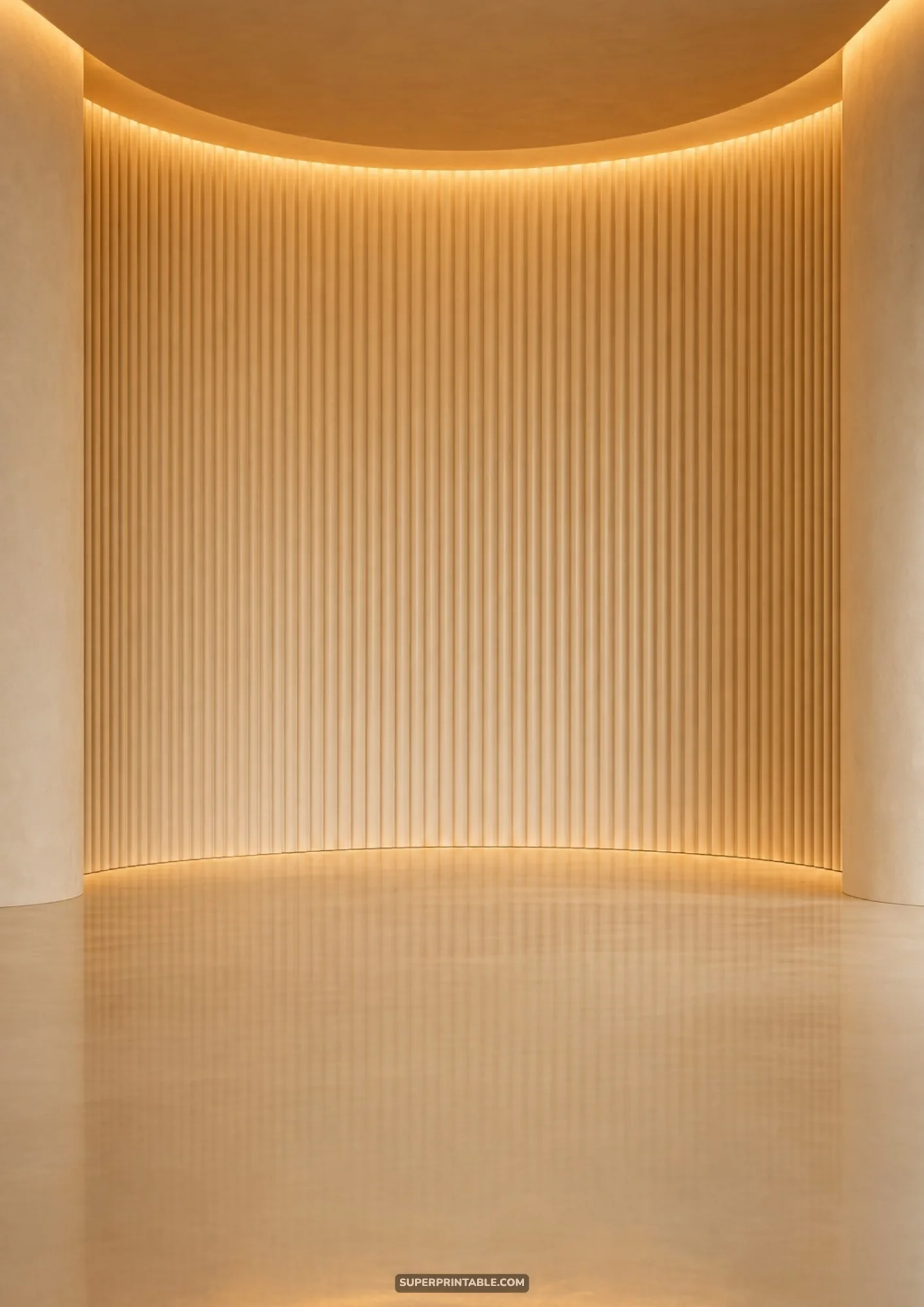 Warm architectural curved interior alcove with vertical wood fluted panels and recessed ambient perimeter lighting
