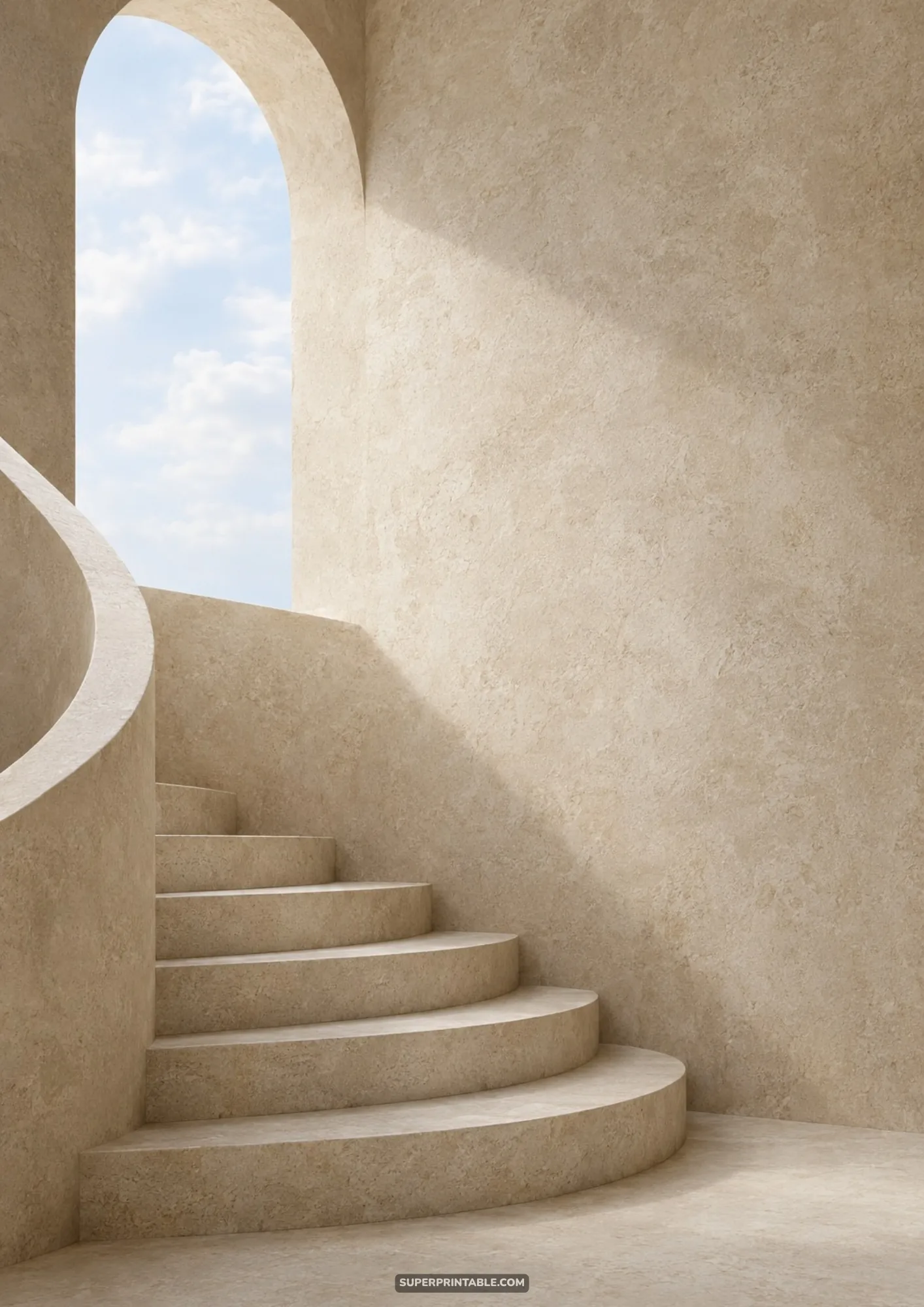 Warm beige architectural and geometric backgrounds featuring a spiral stone staircase leading to an arched window