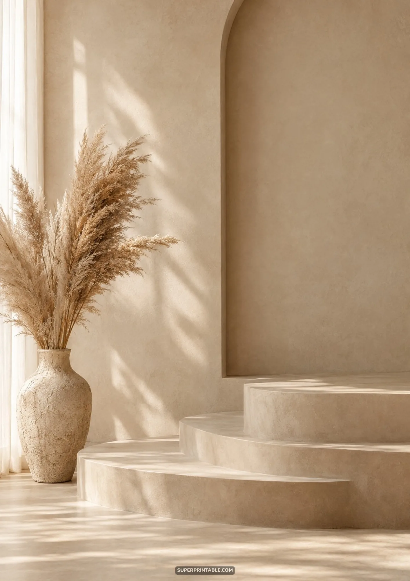 Stepped round display podium beside a textured stone vase with pampas grass in a sunlit alcove.