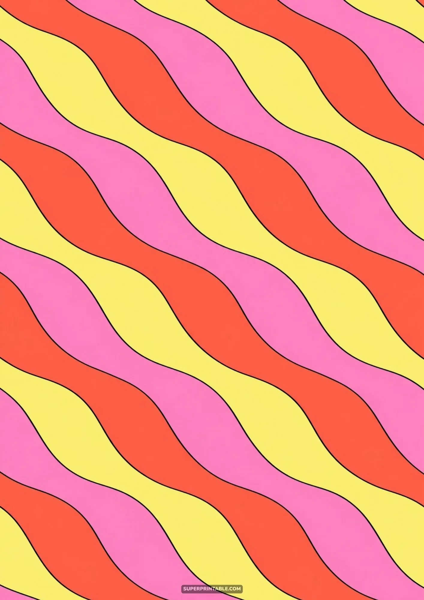 Diagonal groovy wavy stripes alternating in pastel pink, yellow, and warm orange with black borders.