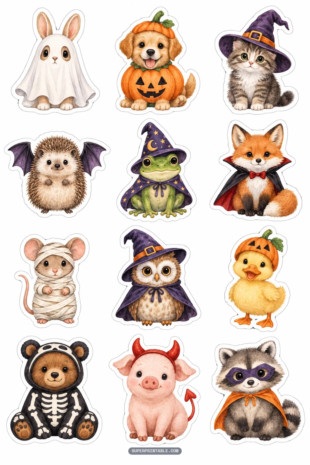 Adorable watercolor animal stickers dressed in halloween costumes including ghost bunnies, mummy mice, and vampire foxes