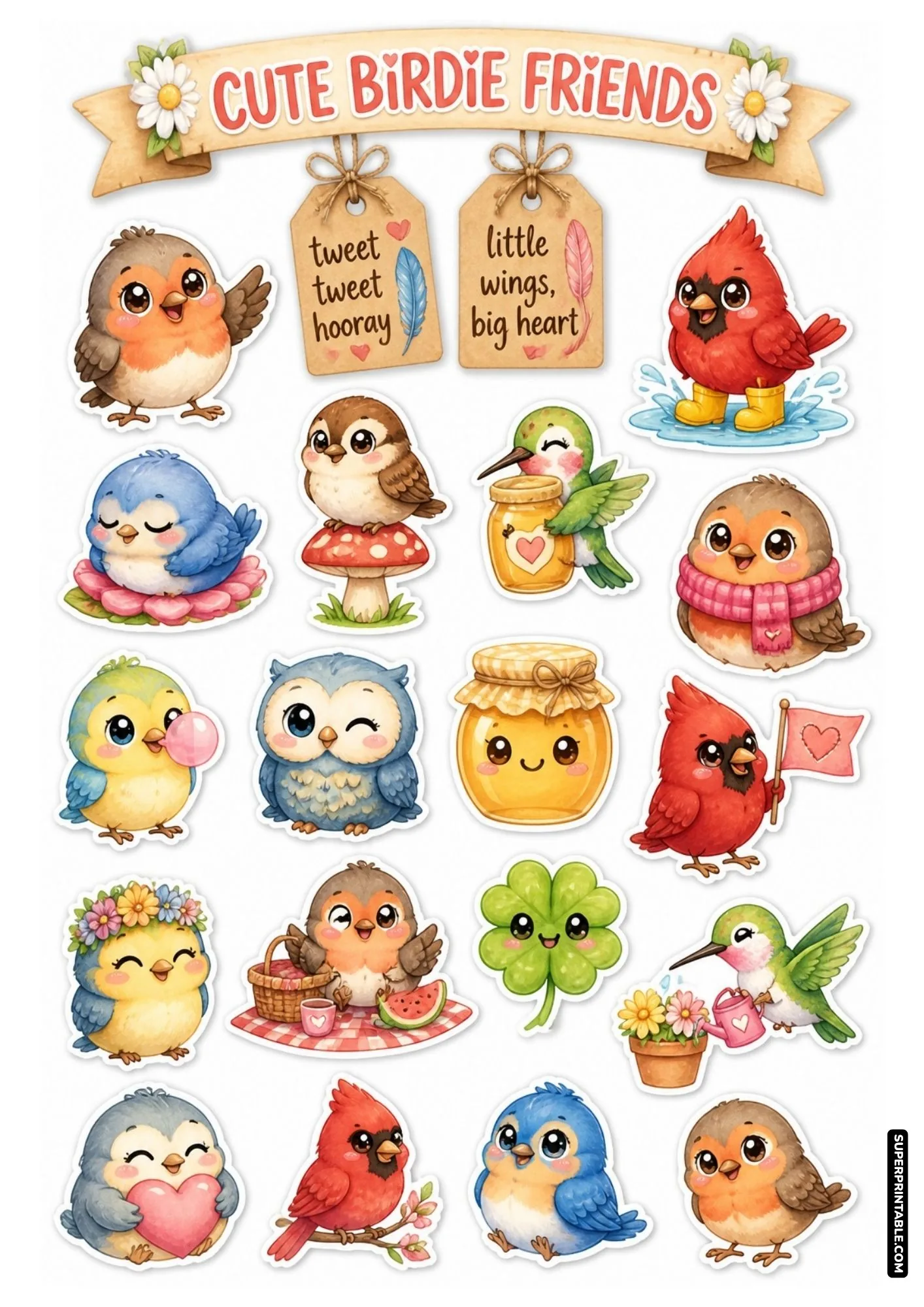 Cute birdie stickers with chubby cartoon robins, yellow boots, bubblegum, and honey jars.