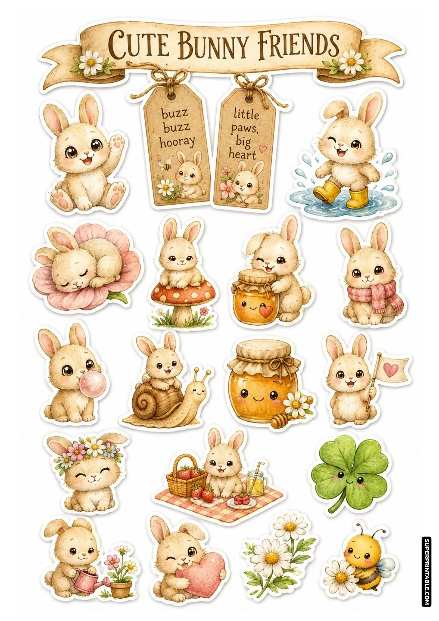 Cute bunny friends sticker sheet featuring happy cartoon rabbits, yellow rain boots, and bumblebee.