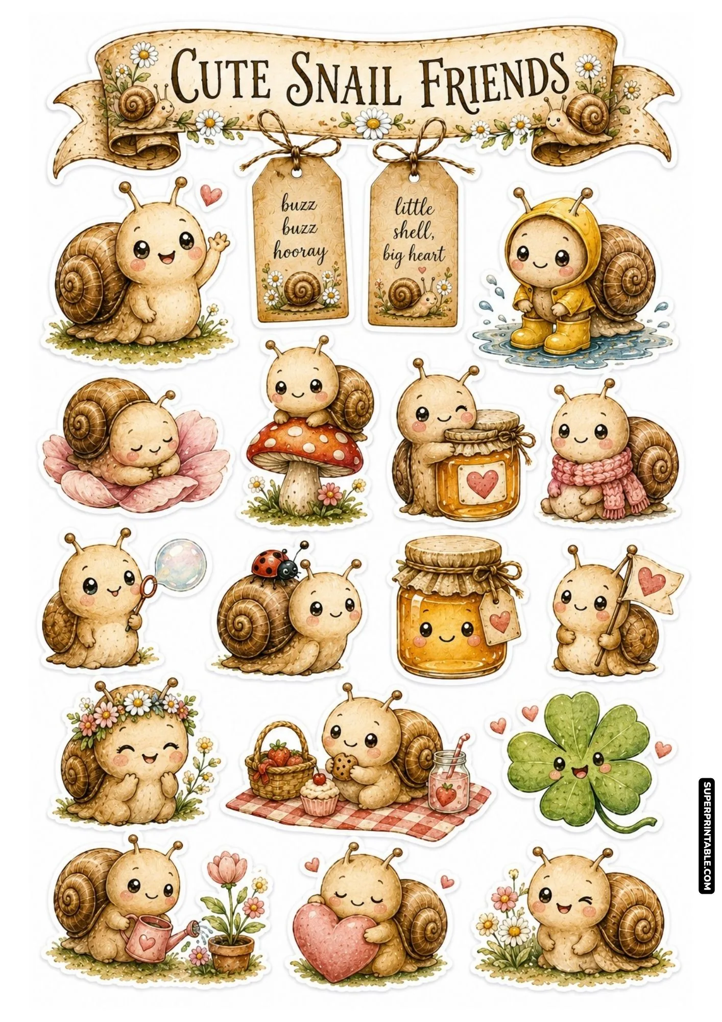 Cute cartoon snail sticker sheet featuring whimsical snails with raincoat, honey jars, and clovers.