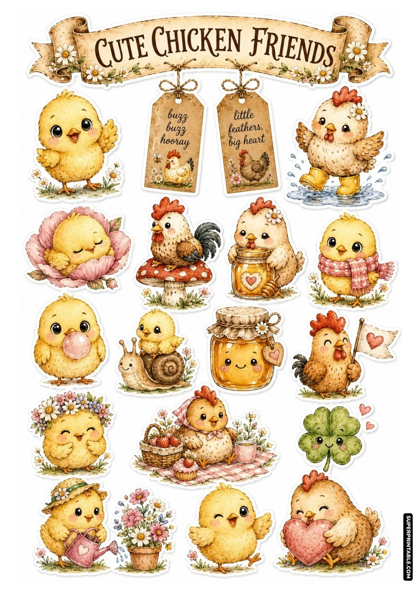Cute chicken friends sticker sheet with happy cartoon chicks in rainboots, on toadstools, and blowing bubblegum.