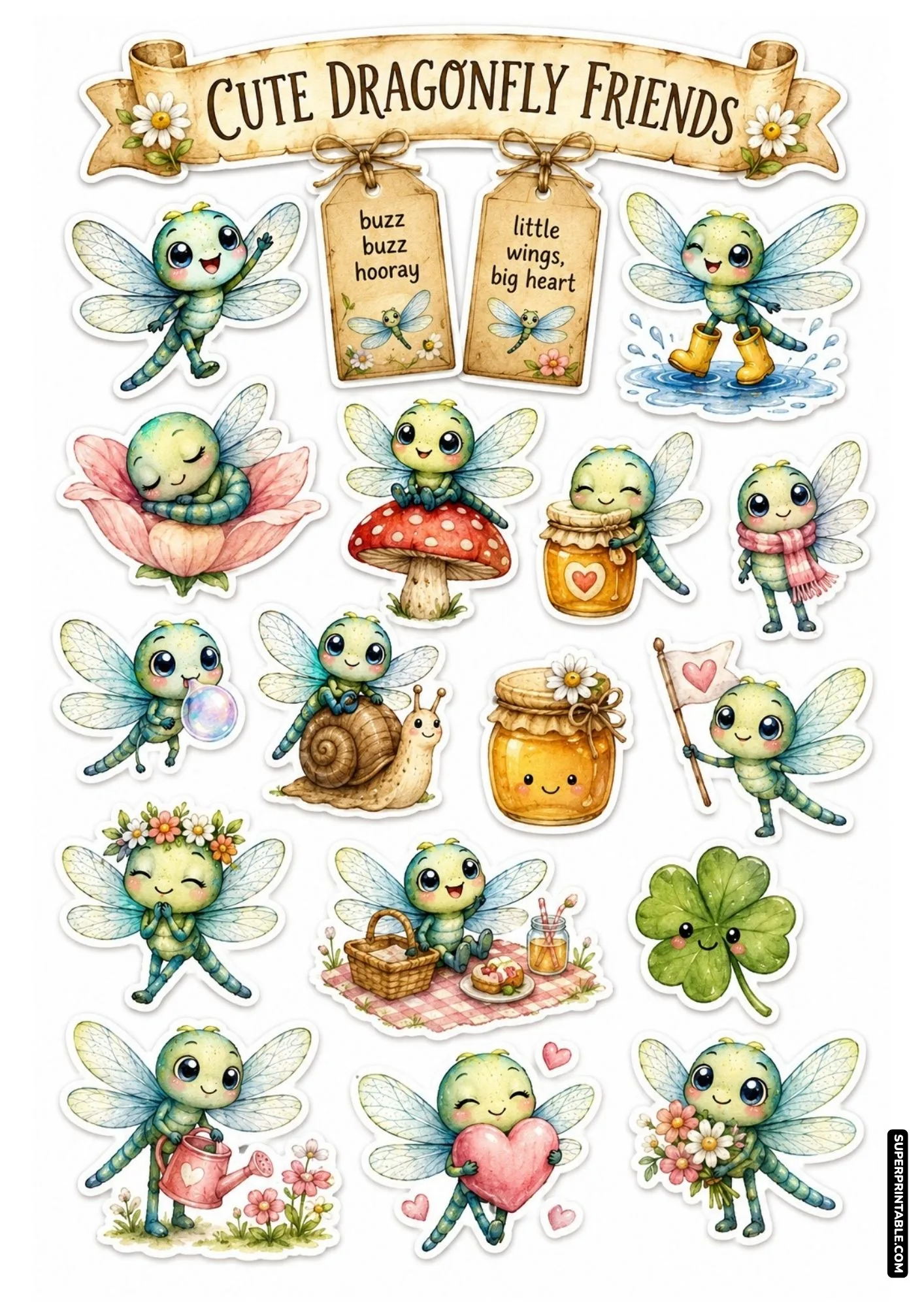 Cute cartoon dragonfly sticker sheet with adorable green character illustrations resting on flowers, mushrooms, and snails.