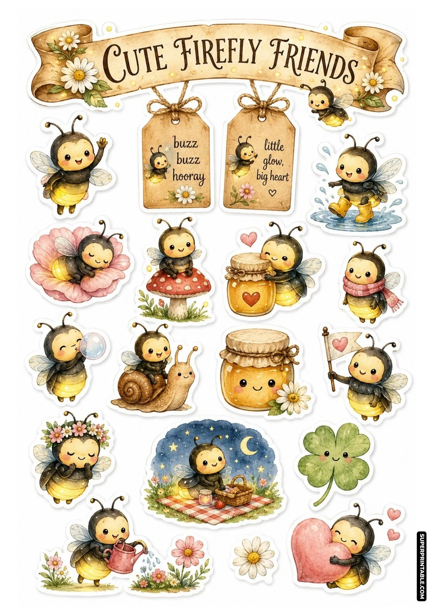 Cute cartoon firefly characters playing with flowers, honey jars, and garden elements.