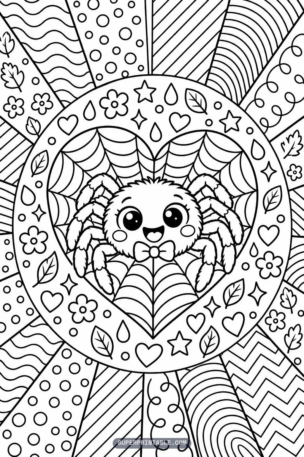 Smiling fluffy spider with a bowtie sitting in a heart-shaped cobweb surrounded by flowers and pattern rays