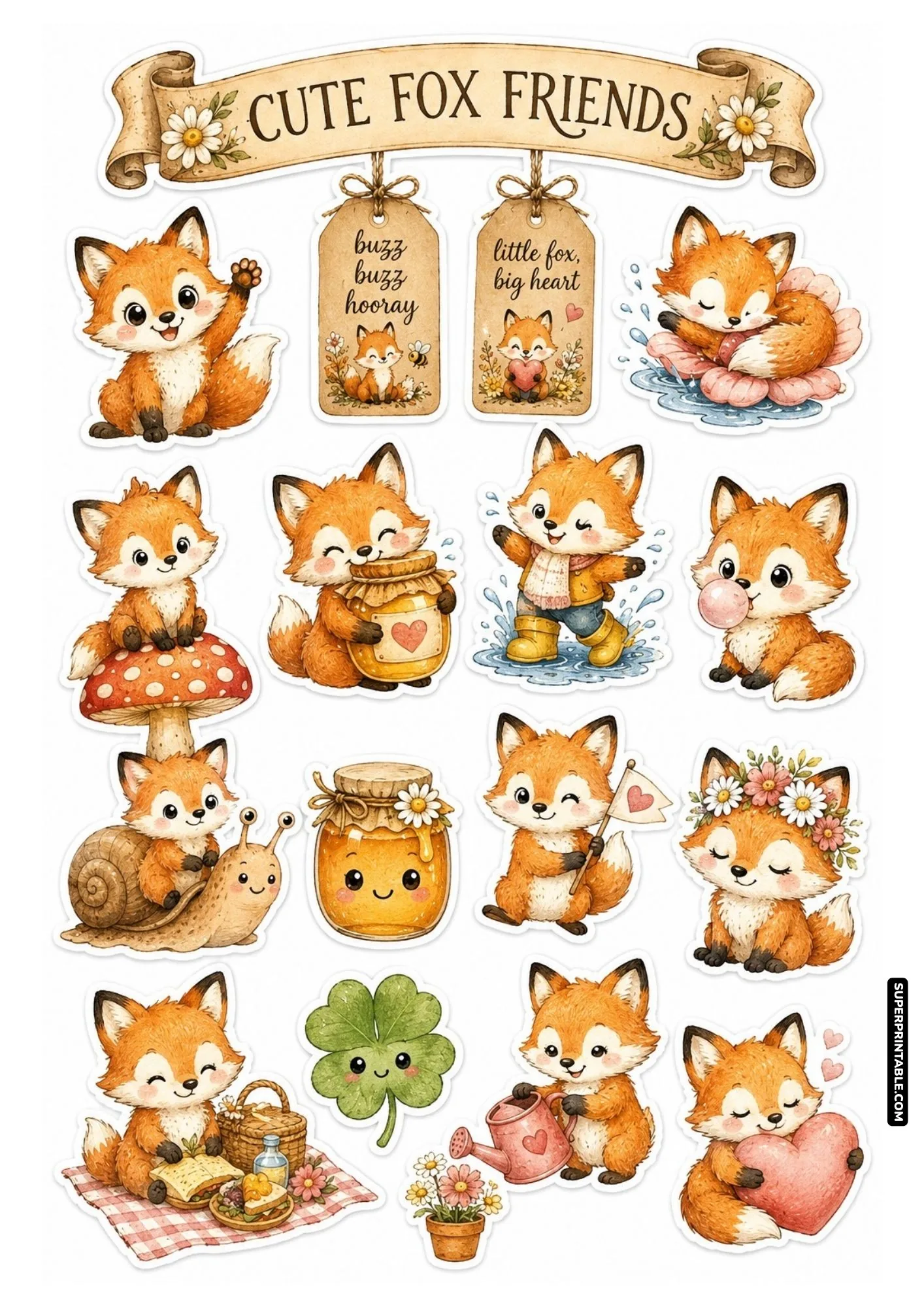 Charming cute cartoon red fox stickers showing playful characters with honey jars, toadstools, and flower crowns.