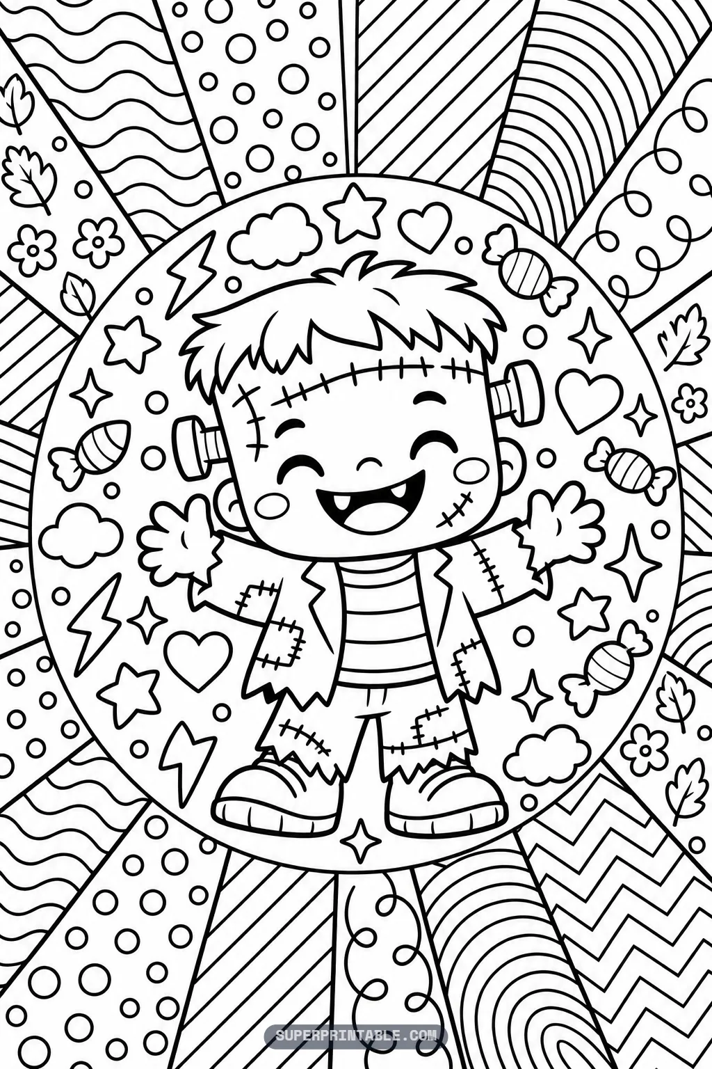 Friendly cartoon monster boy with stitched clothes and smiling face standing inside a patterned circular frame
