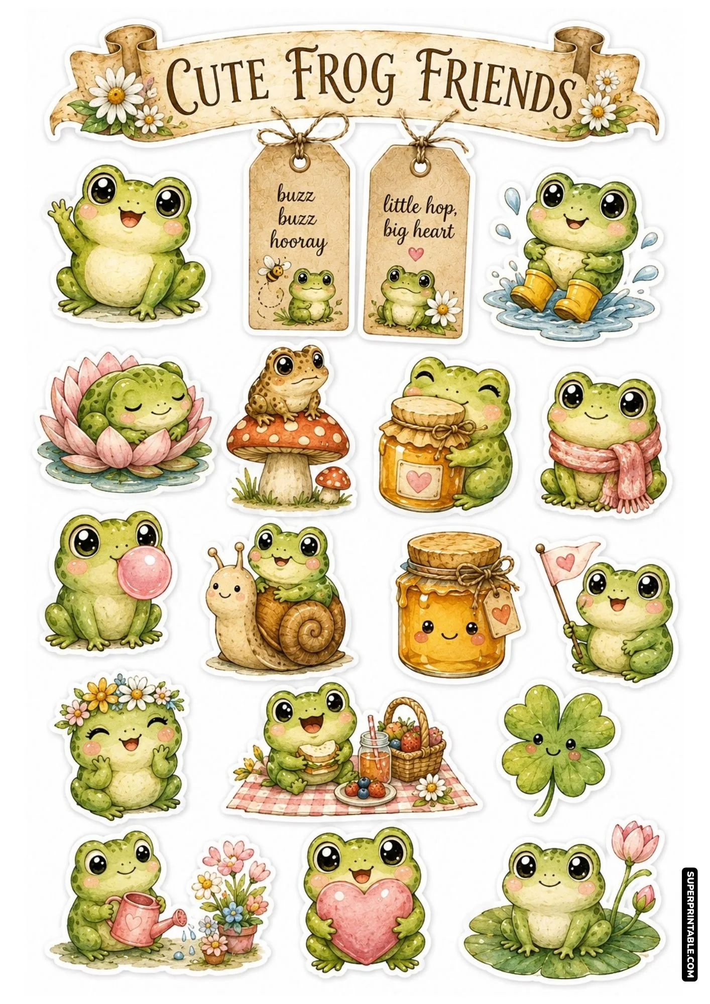 Cute frog friends sticker sheet featuring adorable cartoon frogs with umbrellas, rain boots, mushrooms, and picnic snacks.