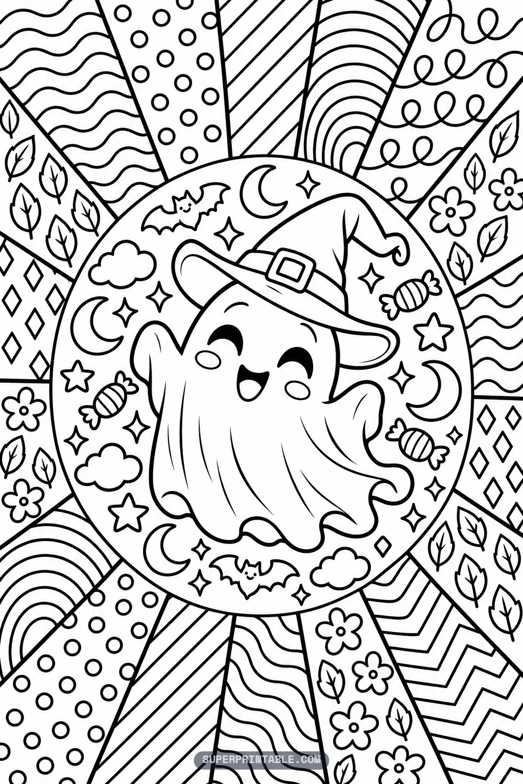 Cute cartoon ghost wearing a pointed witch hat floating amidst stars, candies, and pop art sunburst beams