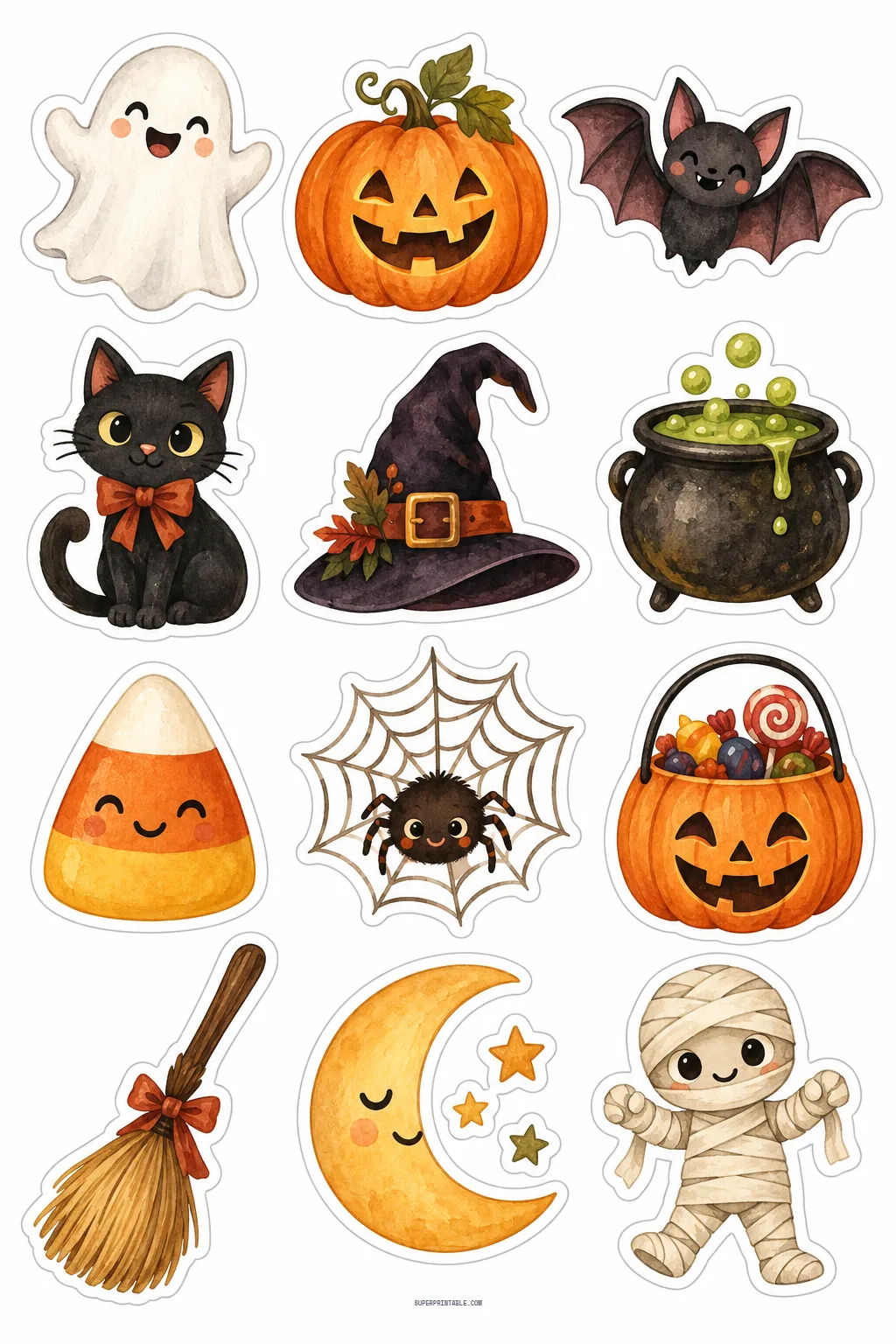 Cute Halloween stickers with friendly ghost, smiling jack-o-lantern, black kitten, and bubbling cauldron