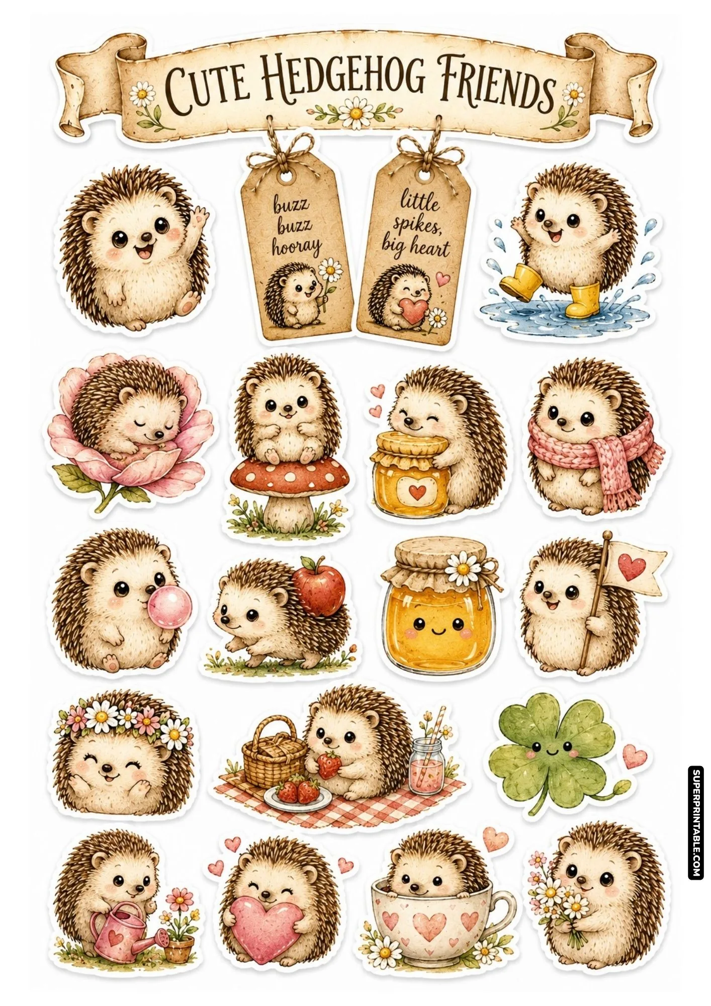 Cute hedgehog character stickers with yellow rainboots, red toadstool mushroom, bubblegum, and sweet heart pillows.
