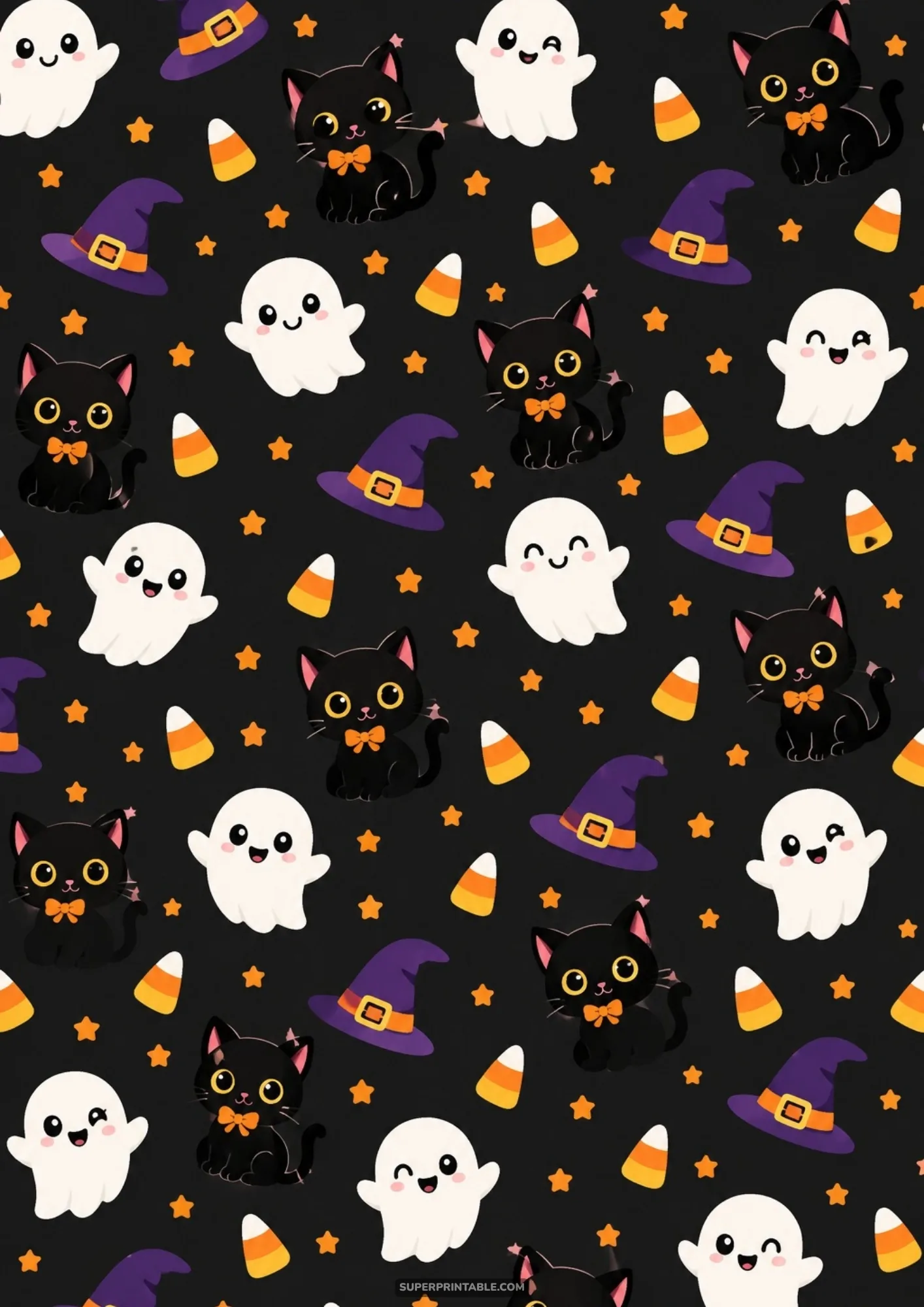Seamless black background pattern with cute smiling cartoon ghosts, black kittens, candy corn, and witch hats
