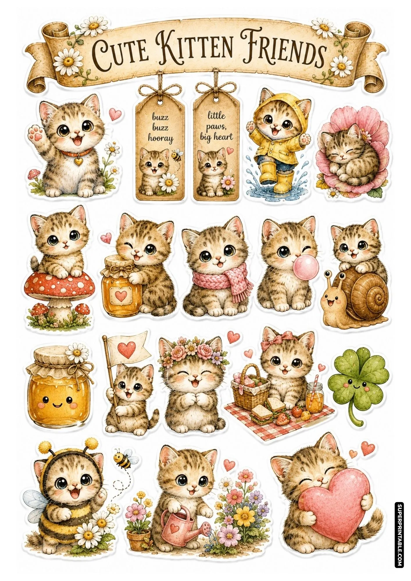 Playful cute kitten sticker sheet showing tabby cats wearing yellow raincoats, bee costumes, and carrying sweet hearts.