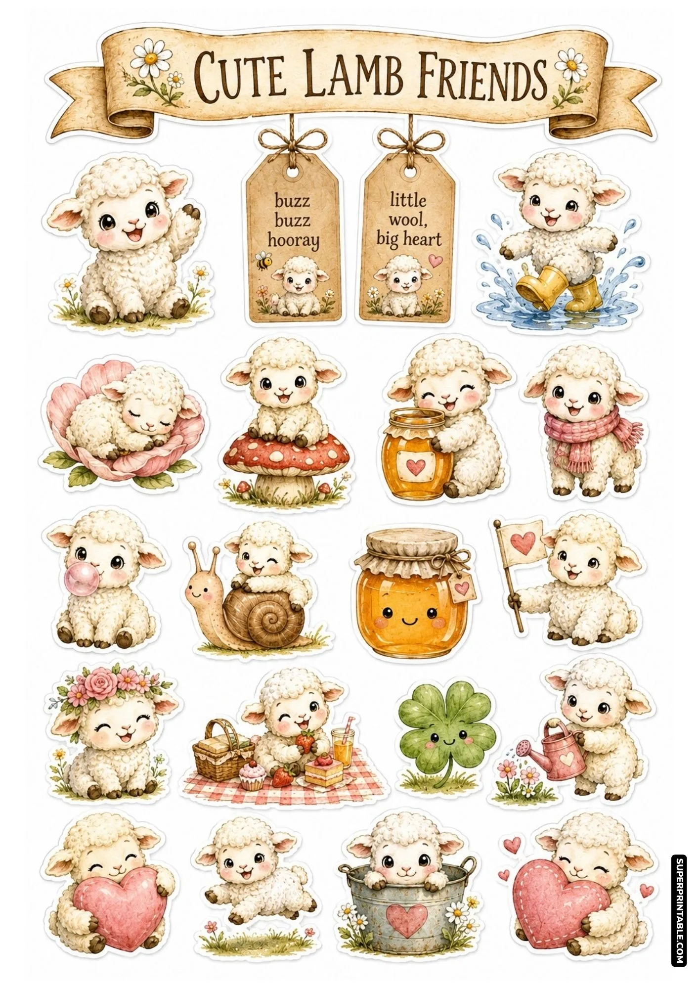 Cute lamb friends sticker sheet with adorable cartoon lambs, honey jars, rain boots, and hearts.