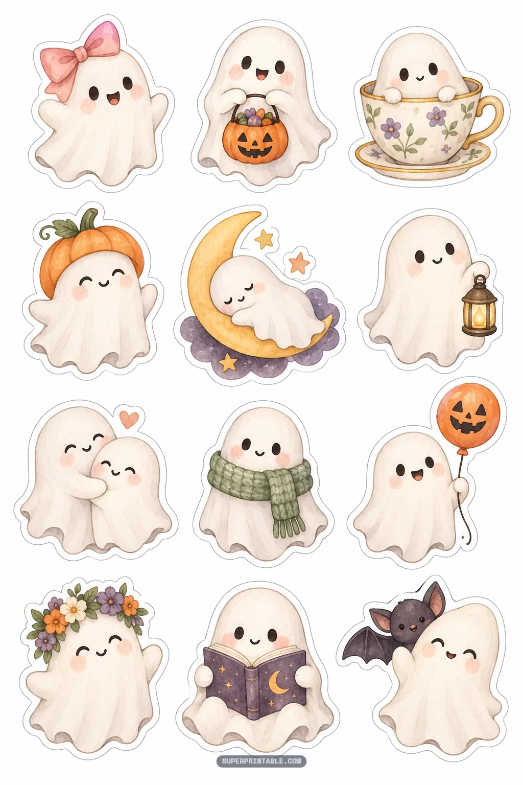 Printable sheet of halloween spooky magic stickers featuring adorable watercolor ghosts in cozy autumn poses