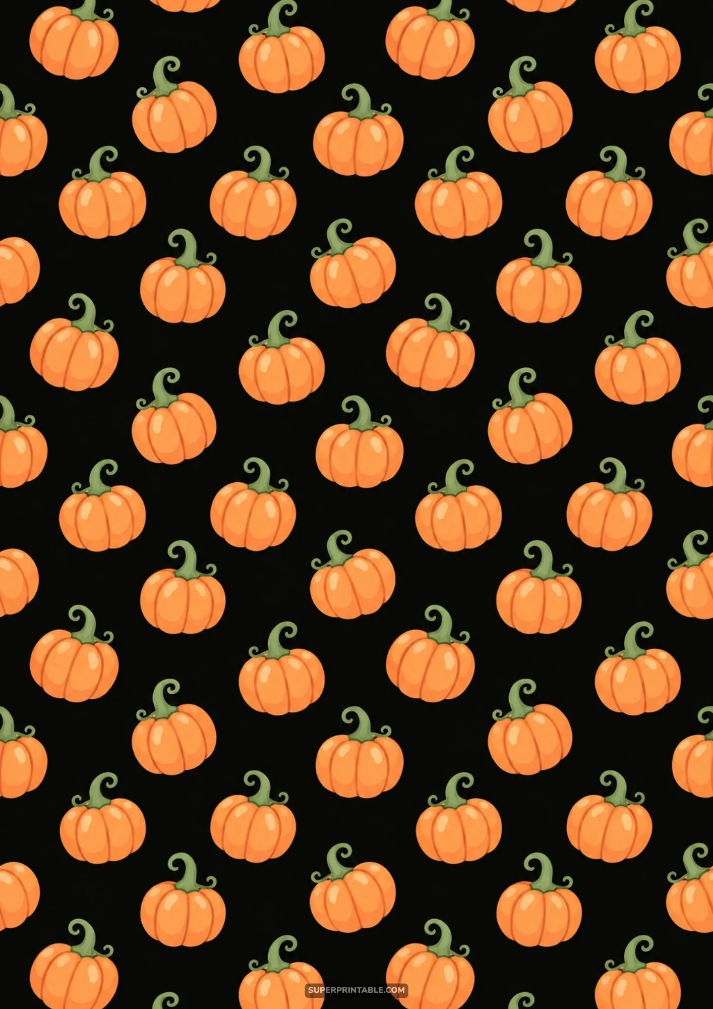Chubby orange pumpkins with curly green vines arranged in a repeating pattern over a black background.