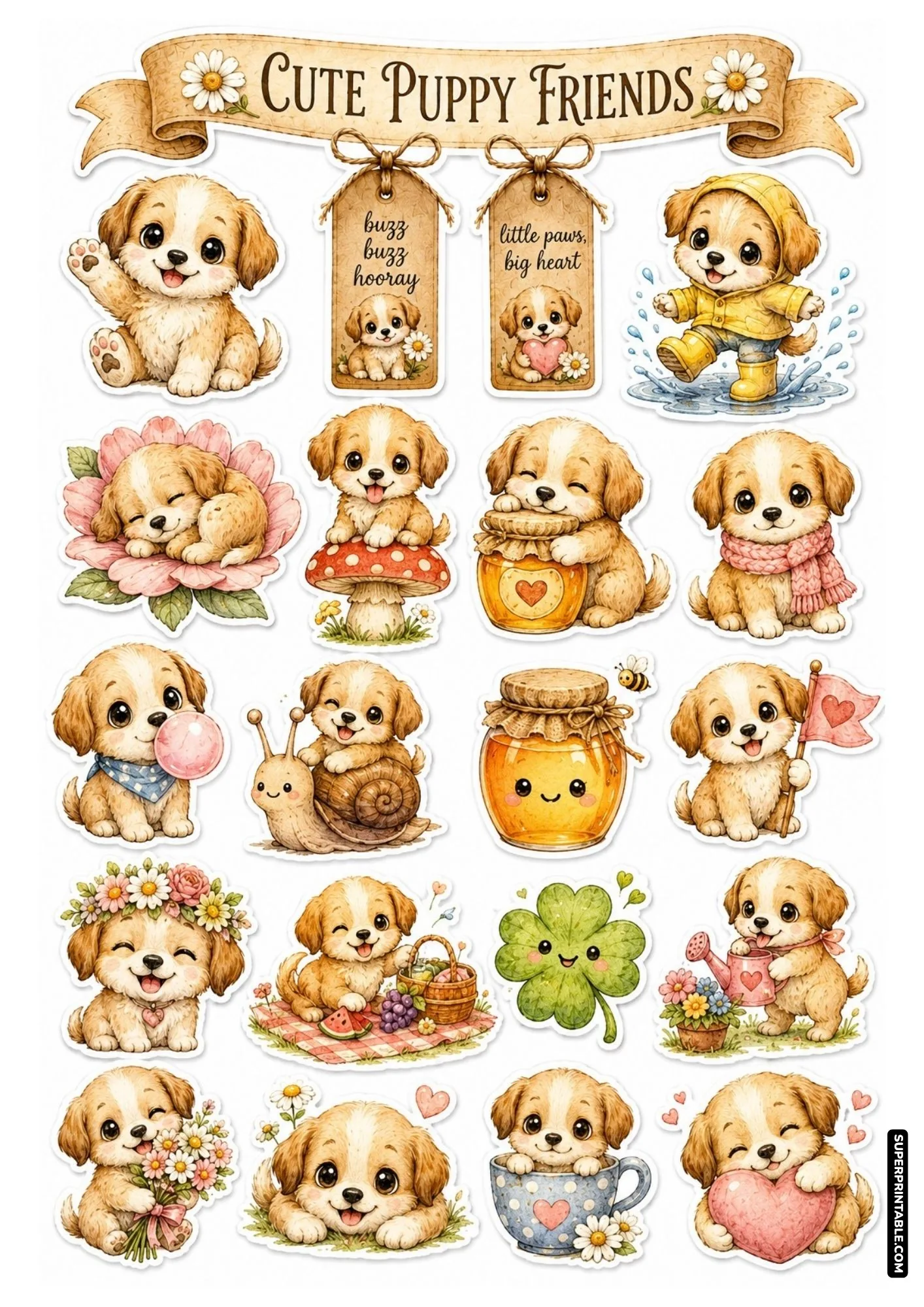 Cute cartoon puppy sticker sheet featuring happy puppies with flower crowns, honey jars, and umbrellas.