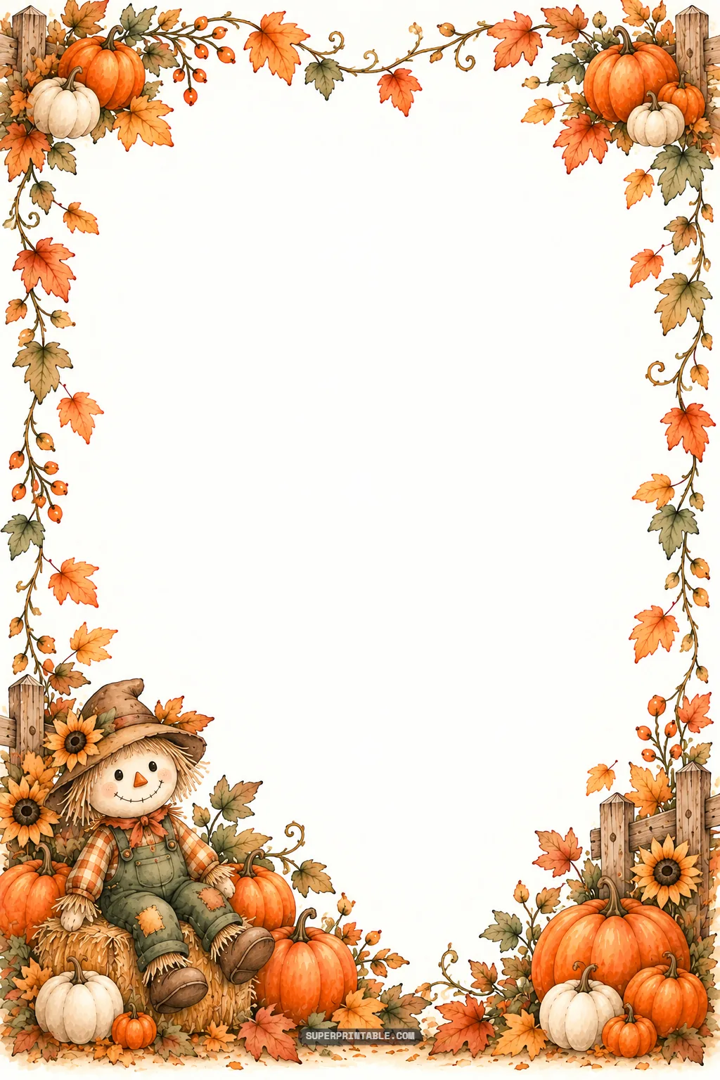 Watercolor stationery border with a friendly little scarecrow sitting on a hay bale with pumpkins.