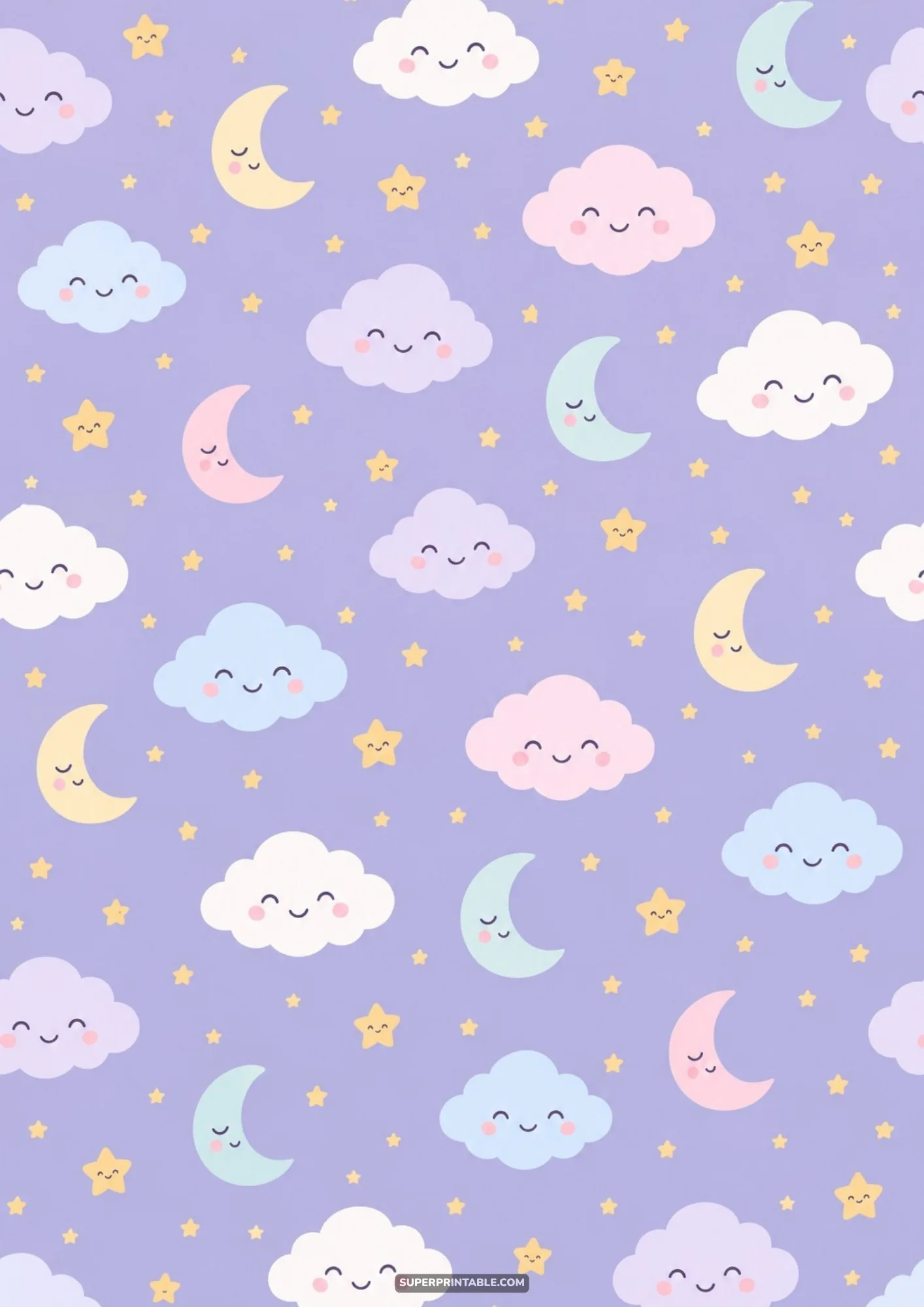 Adorable kawaii nursery pattern with smiling pastel clouds, sleeping moons, and cute yellow stars