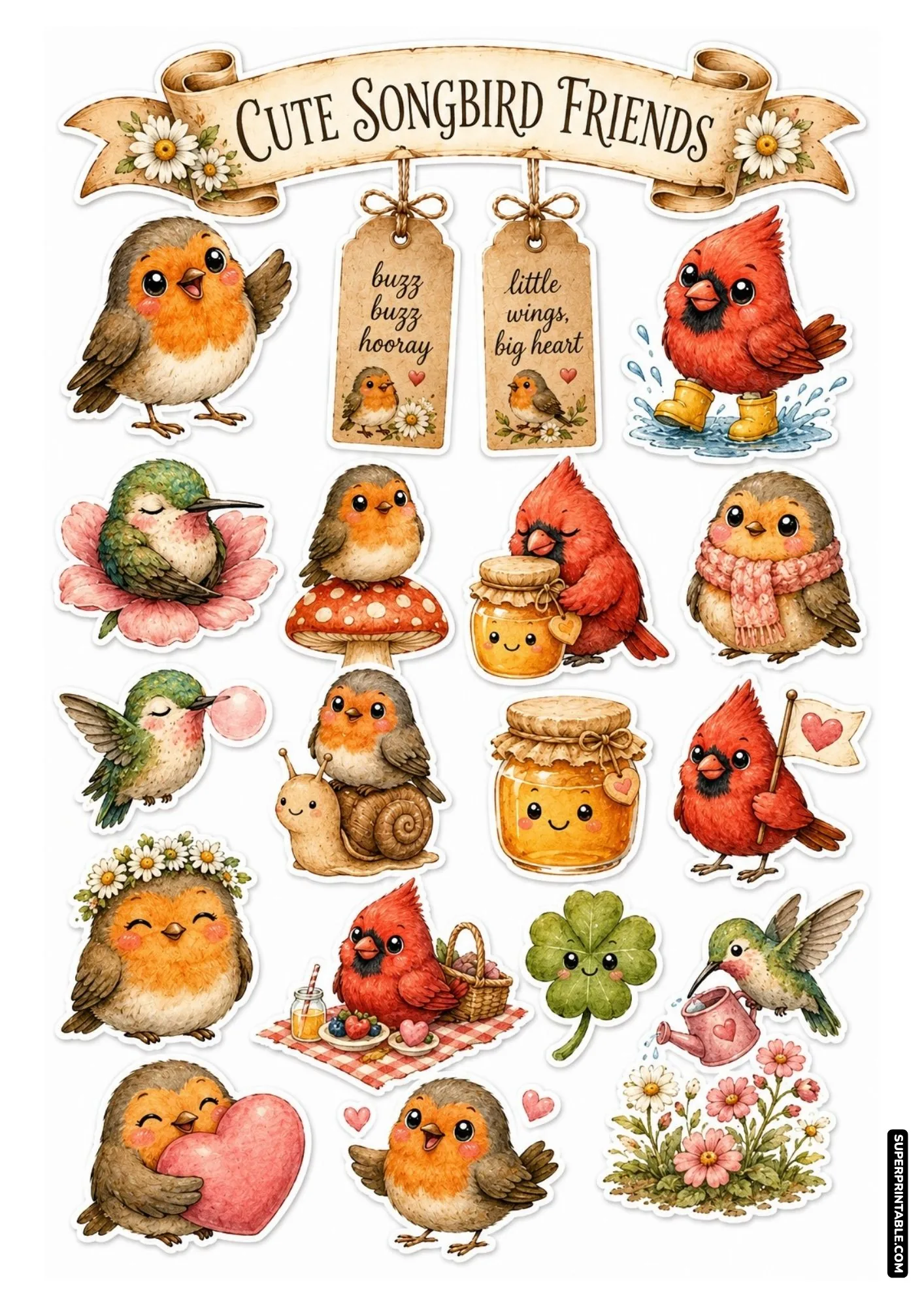Cute cartoon songbird illustrations including robins and red cardinals with sweet honey jars.