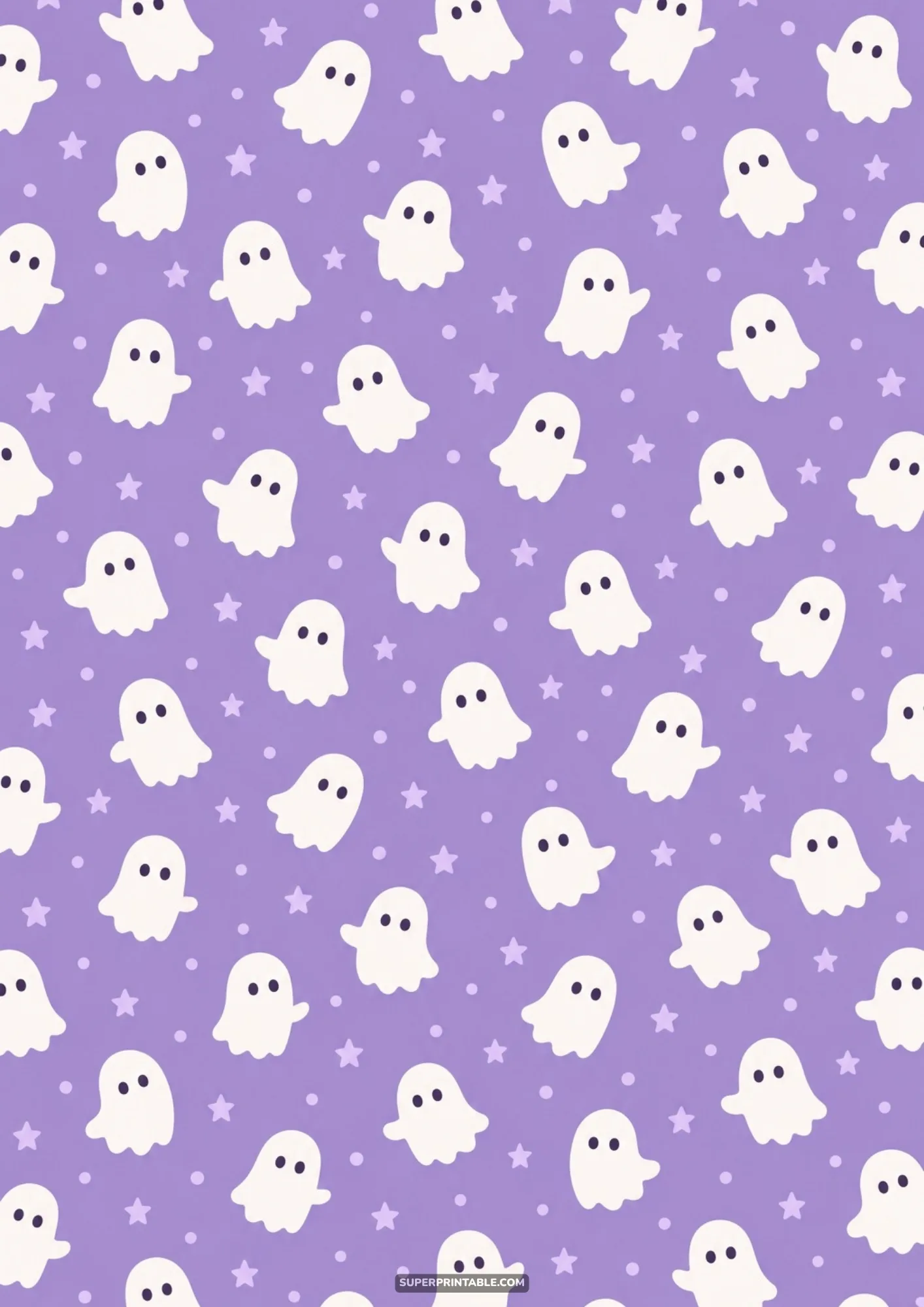 Pastel Halloween digital papers with smiling white ghosts floating among tiny purple stars and dots.