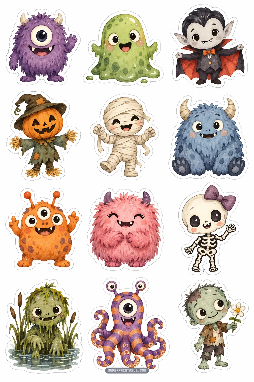 Cute halloween monster stickers featuring friendly vampires, chibi mummies, slime creatures, and sweet skeletons