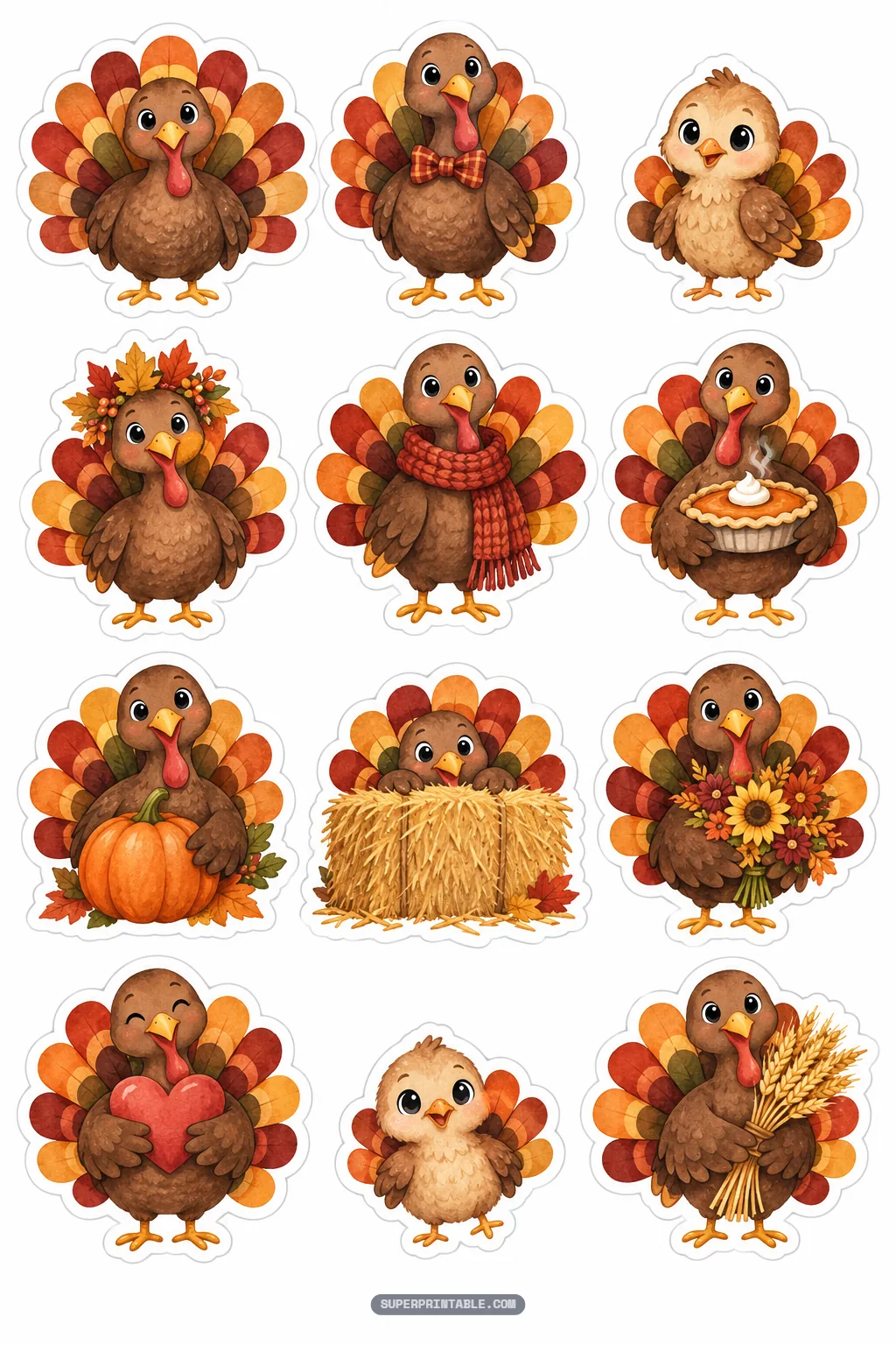 Cute cartoon turkey stickers with autumn feathers for thanksgiving harvest sticker sheets