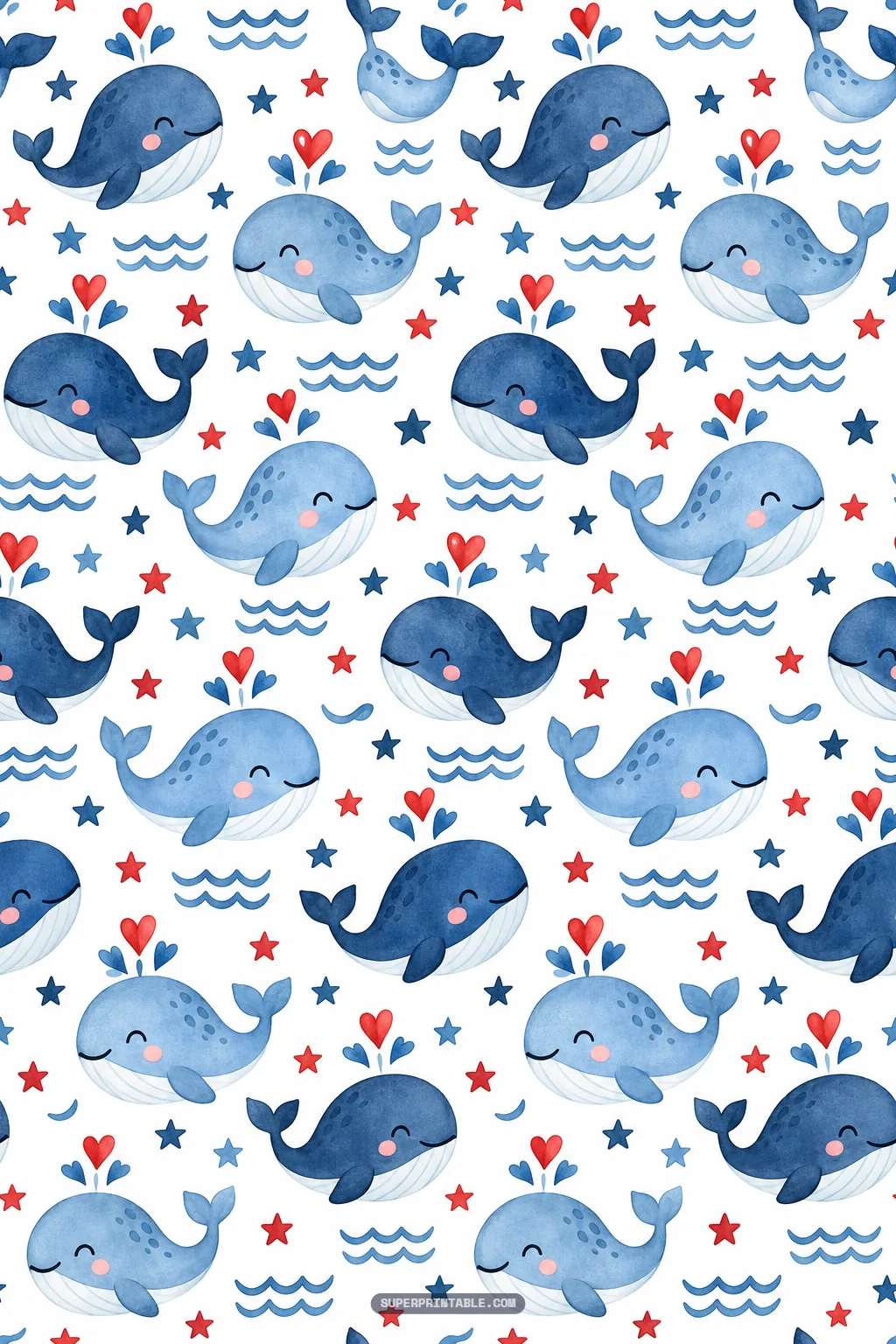 Cute smiling blue whales spouting red watercolor hearts alongside tiny sea waves and nautical stars