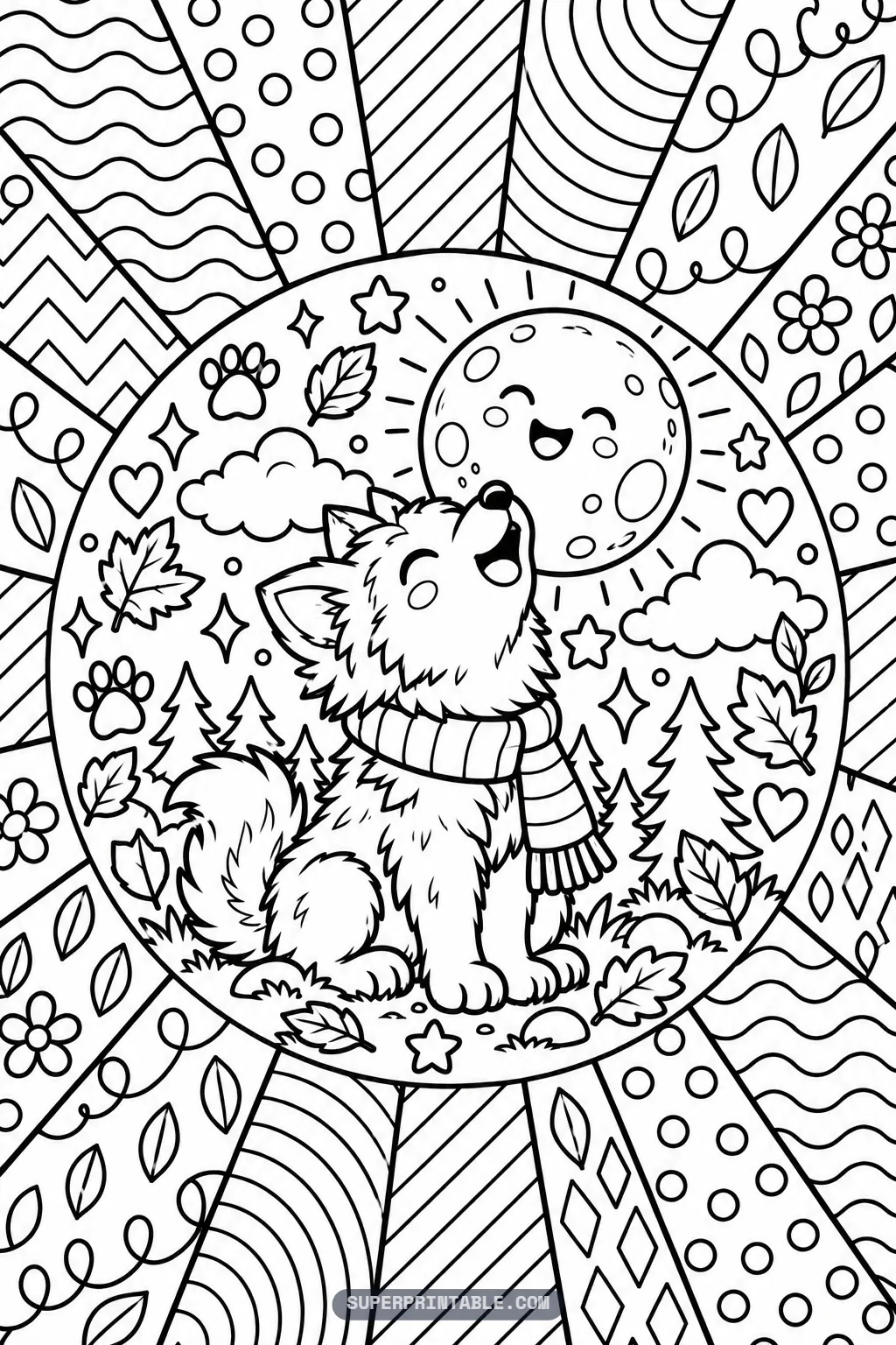 Fluffy wolf cub wearing a warm striped scarf howling happily at a smiling full moon in a starry night