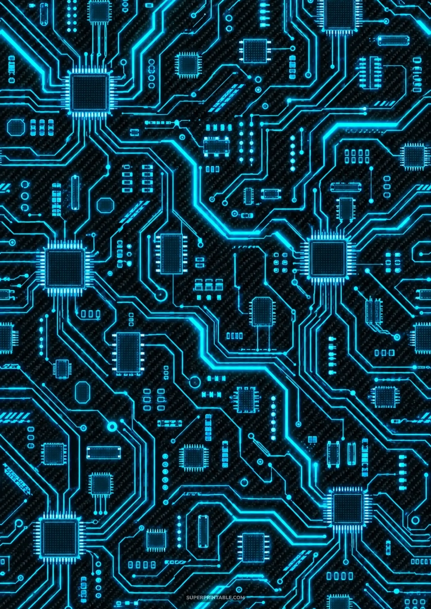Detailed electronic circuit board pattern with illuminated cyan printed pathways and microchip processors