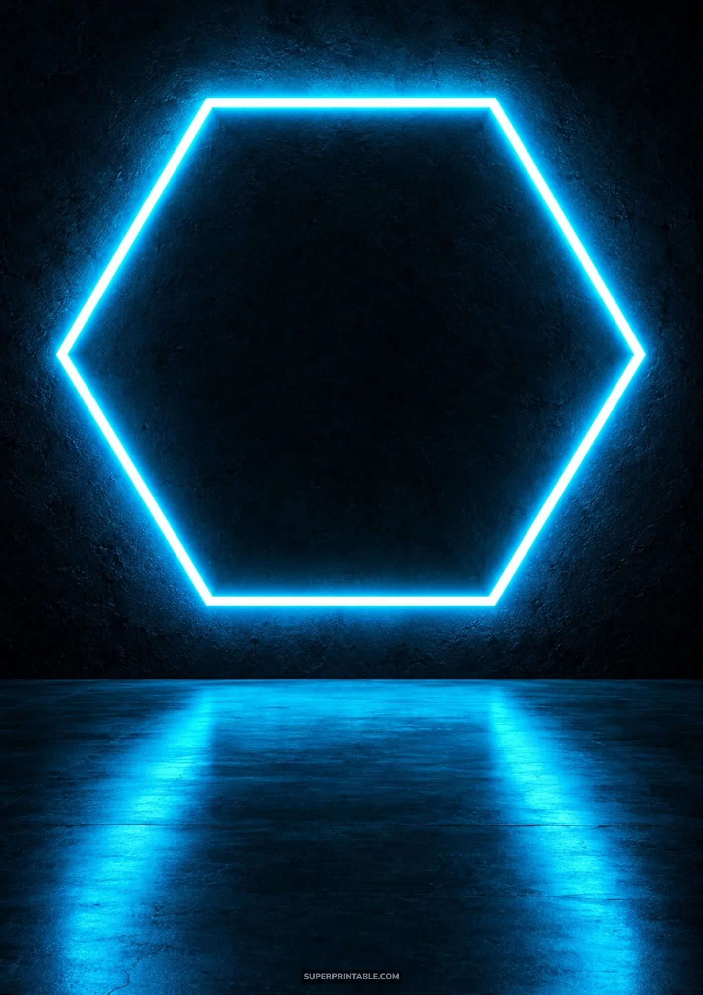 Minimalist neon hexagon portal glowing vibrant cyan blue against a dark textured concrete backdrop