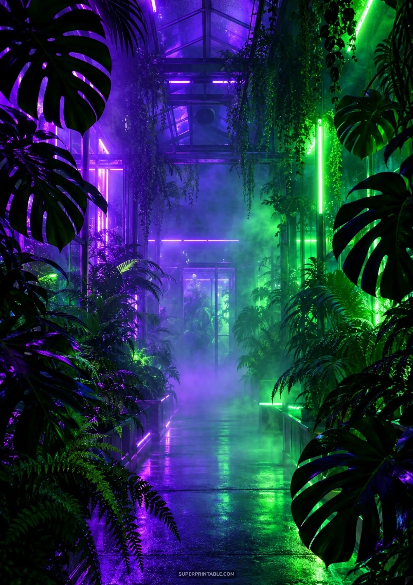 Bioluminescent greenhouse interior filled with monstera foliage and vibrant purple and green neon tubes