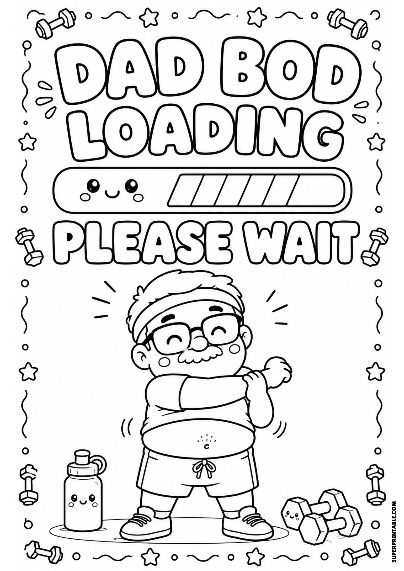Funny fitness dad joke coloring sheet with loading progress bar and dumbbells.