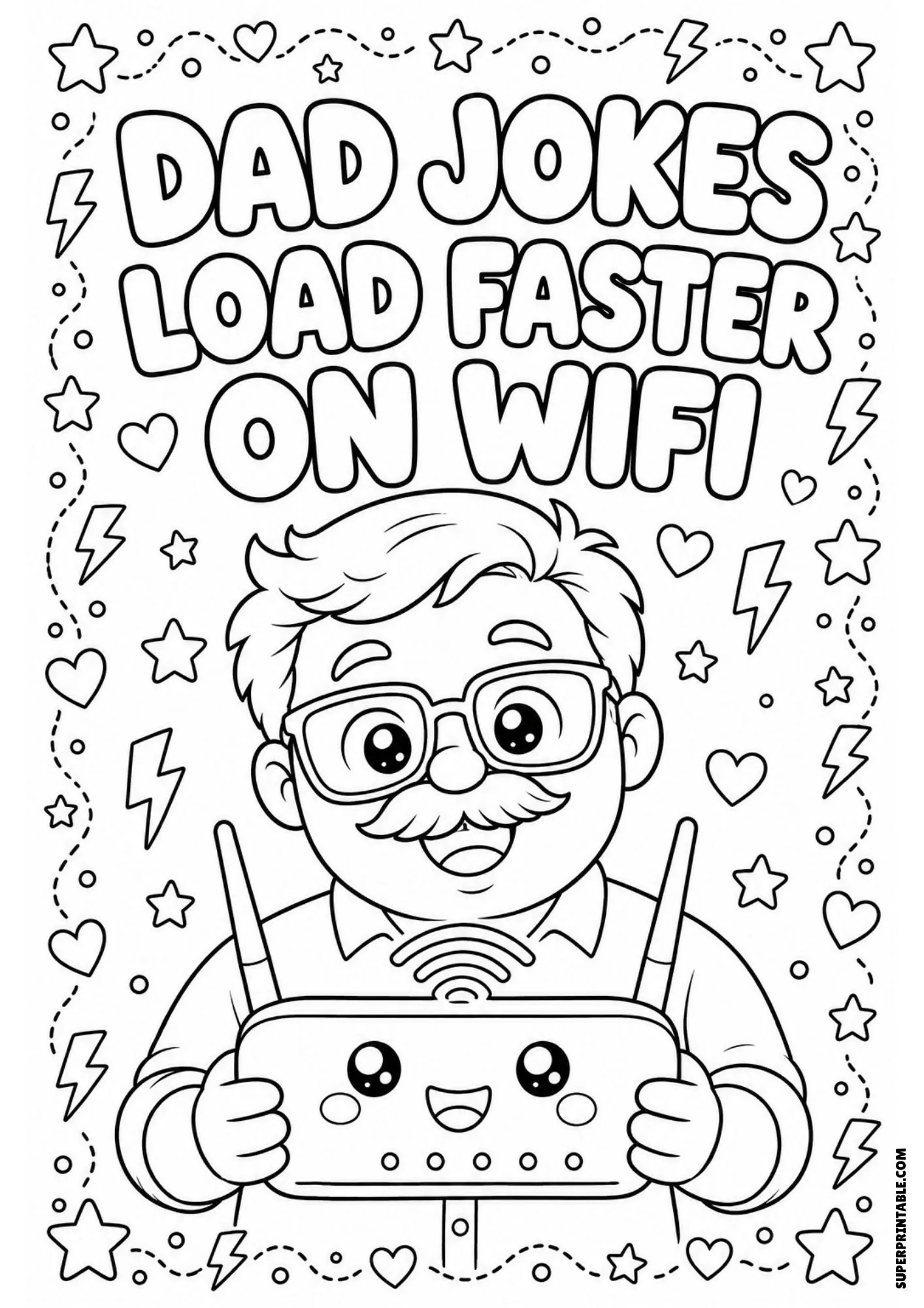 Fun dad jokes coloring pages sheet showing a man holding a wifi router.