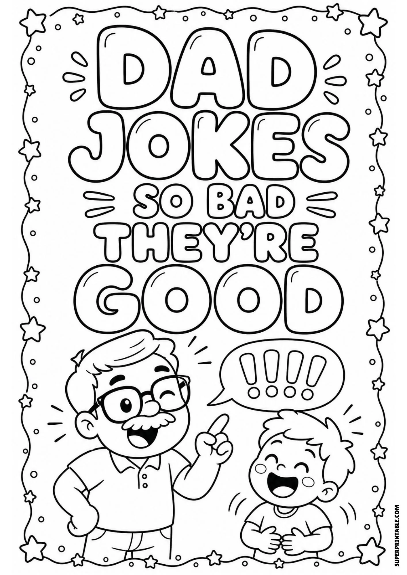 Father and son laughing illustration with dad jokes text for coloring.