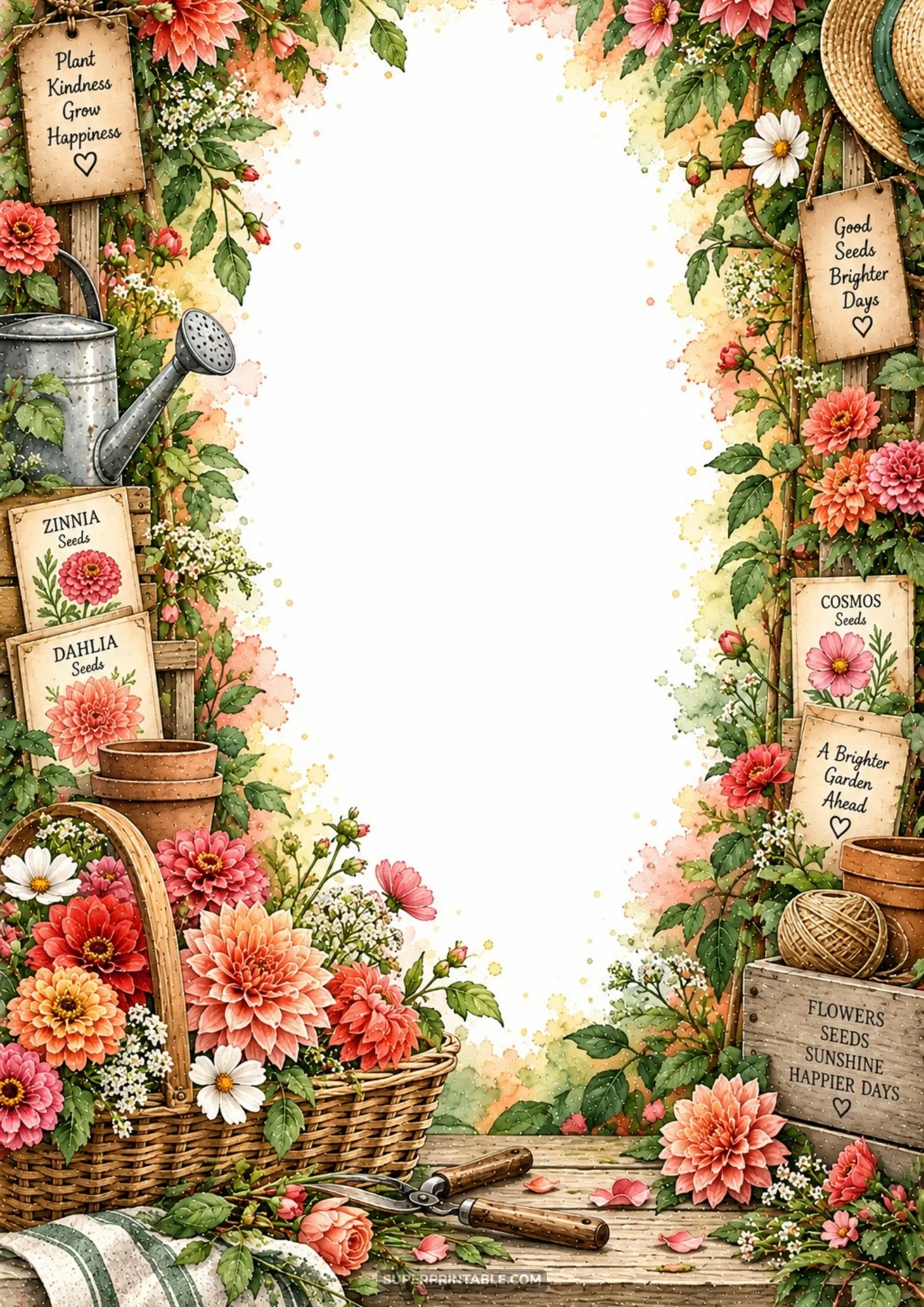 Cottage garden border pages with a wicker basket of colorful dahlias, vintage seed packets, and garden shears