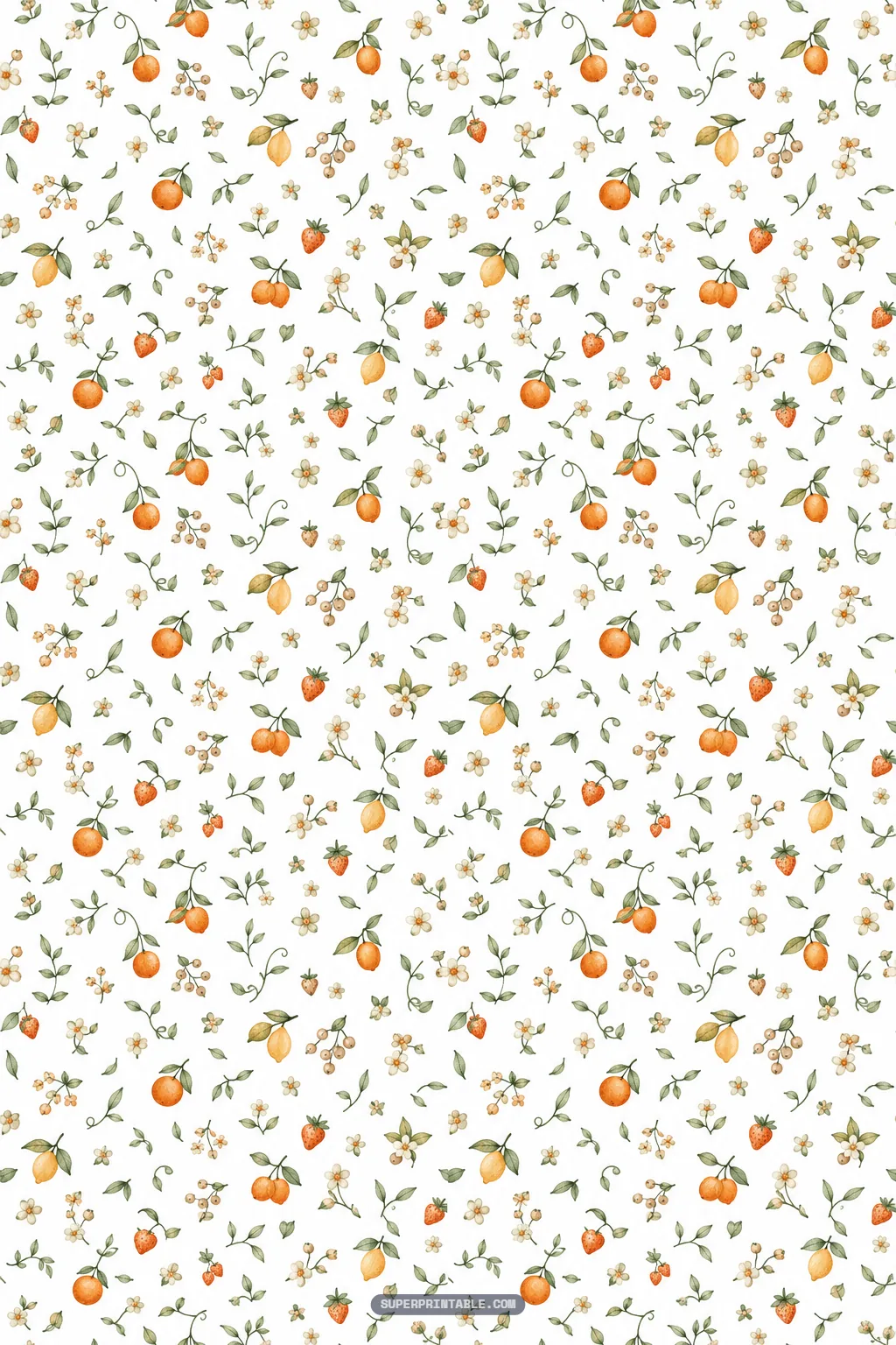 Dainty harvest digital paper pattern with scattered watercolor citrus berries pears and leafy sprigs