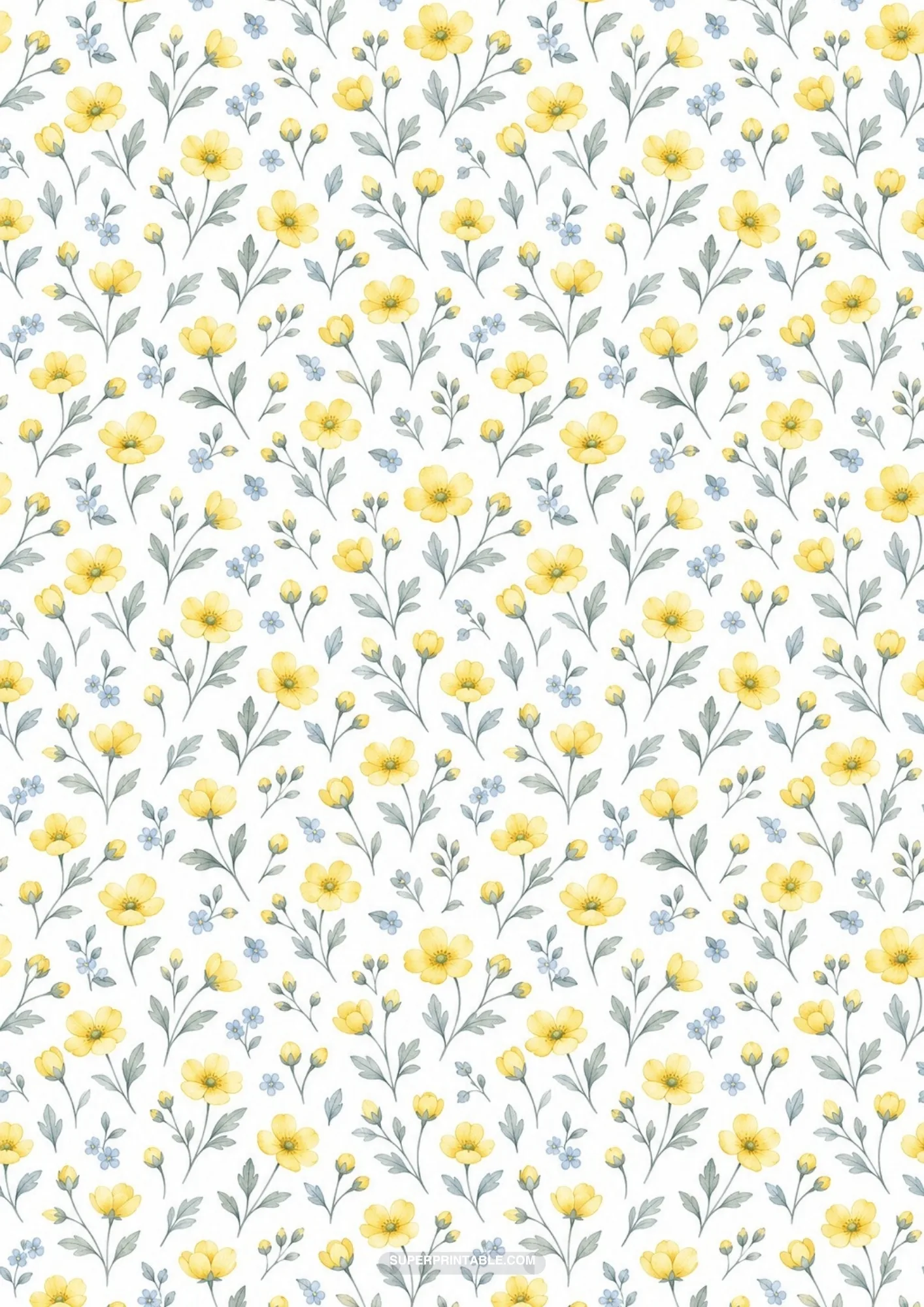 Dainty honey buttercups and blue forget-me-not sprigs across a white field