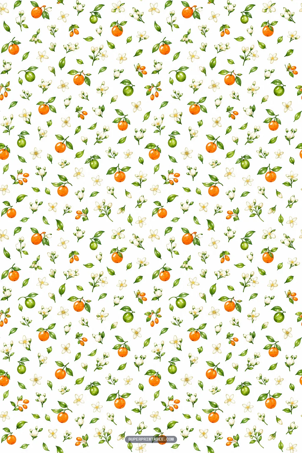 Dainty tossed watercolor print with miniature oranges, oblong kumquats, tiny green fruits, and delicate sprigs