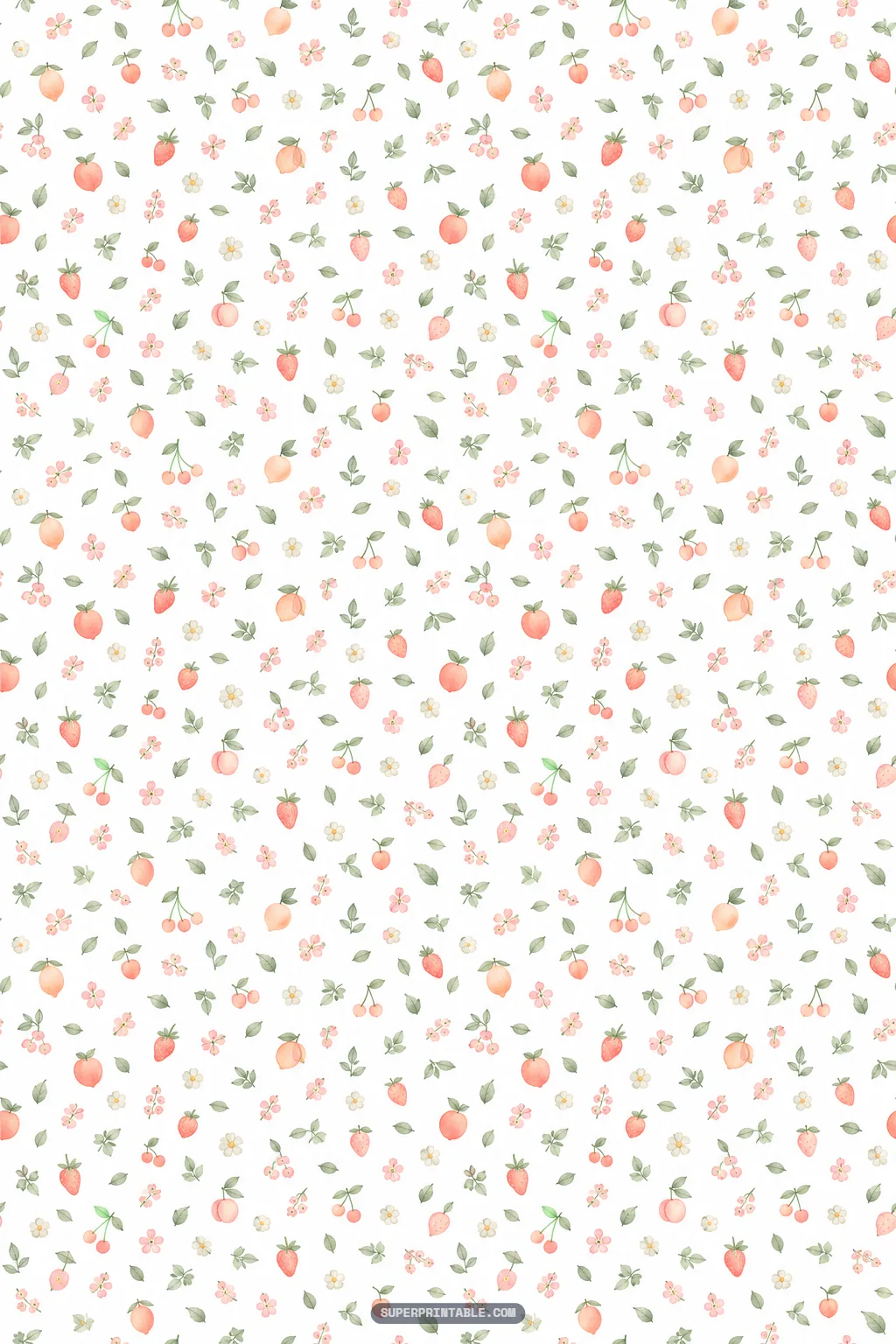 Tiny watercolor ditsy print with miniature ripe peaches, berries, cherries, and small white buds
