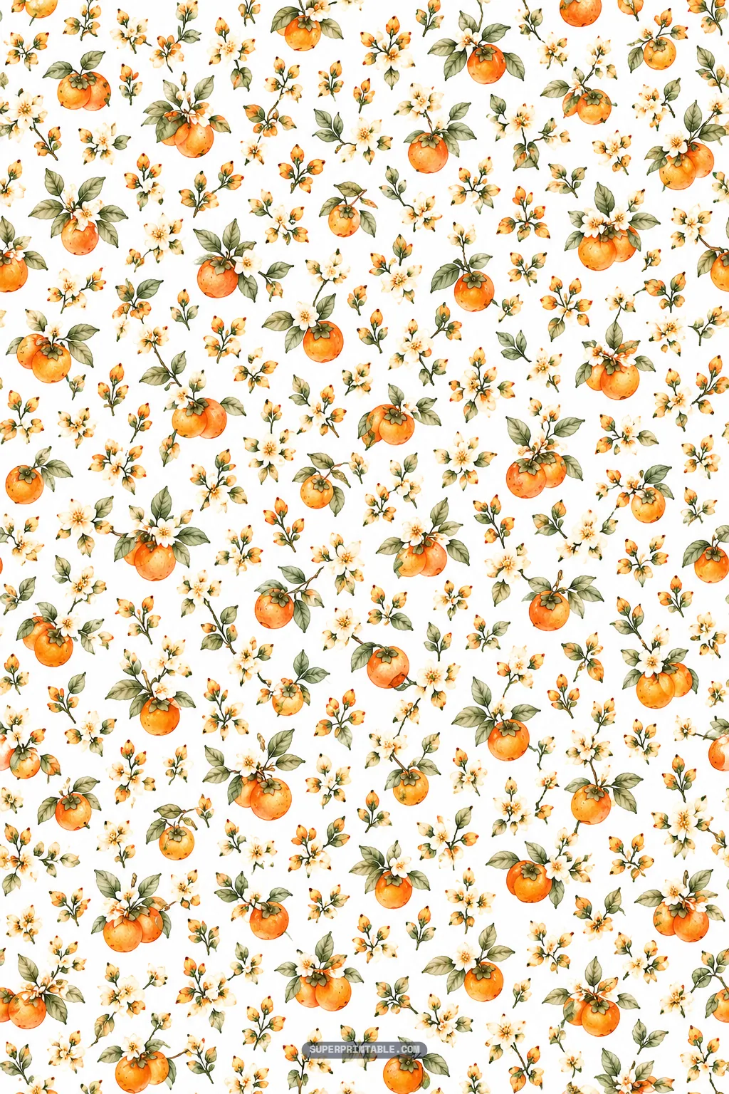 Dainty scattered persimmon fruit pairs, blooming white flowers, and green leaves over an off-white field